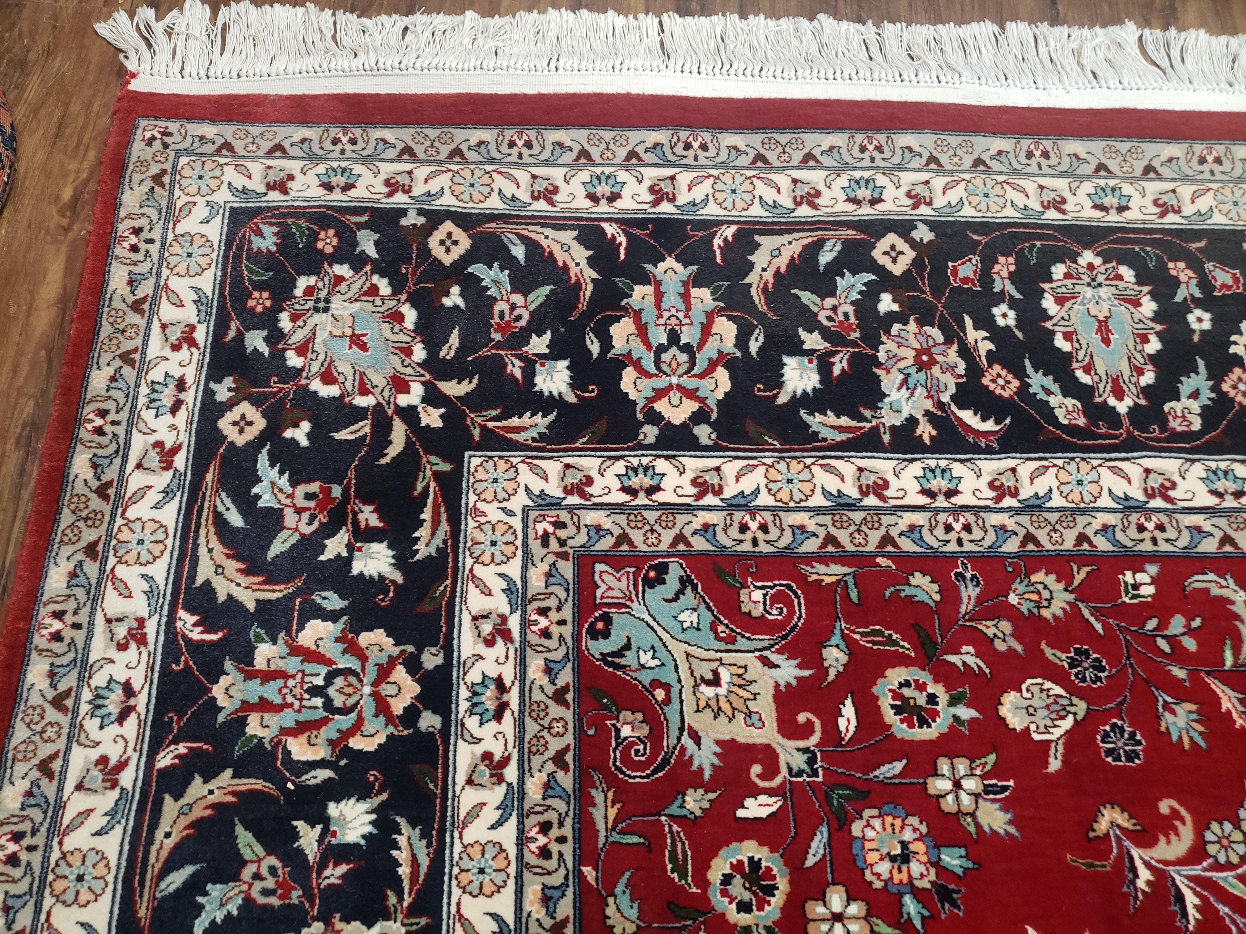 Traditional Persian Design Oriental Rug 9x12, Wool, Pak-Persian, Red & Dark Blue, Allover Pattern, Vintage, Hand-Knotted, 9 x 12 Carpet - Jewel Rugs