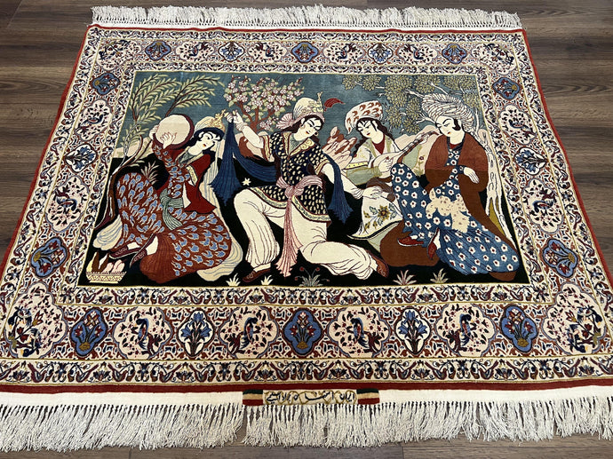 Persian Pictorial Rug 5 x 4 ft, Persian Isfahan Rug, Kork Wool on Silk Foundation, Signature from Master Weaver, Drums and Musical Instruments, Birds, Detailed - Jewel Rugs
