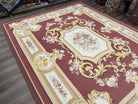 Aubusson Rug 9x12, Red Ivory Gold Tan, Handmade Hand Woven Aubusson Savonnerie Carpet, Vintage Flatweave Room Sized Aubusson Area Rug 9 x 12 - Jewel Rugs