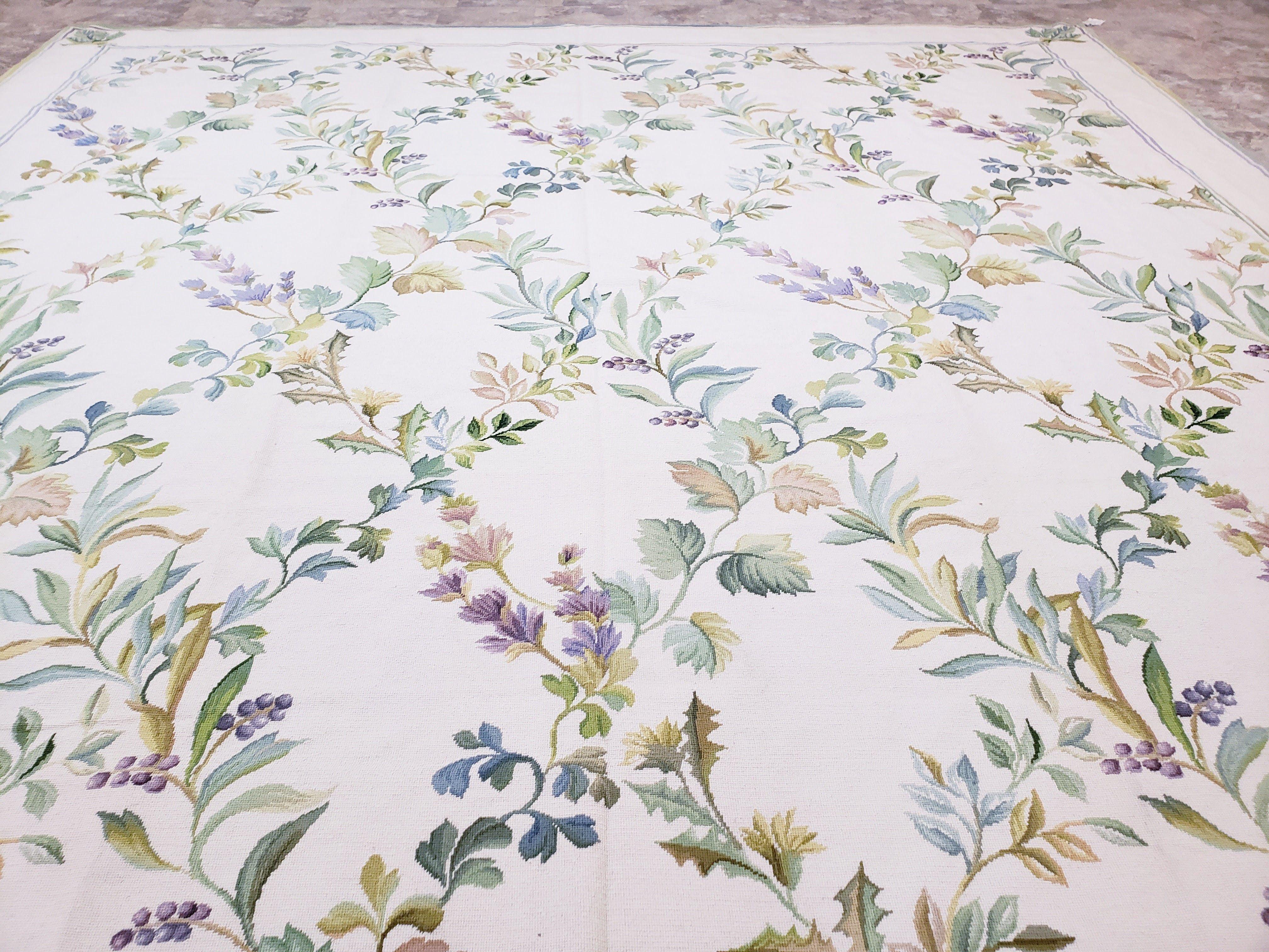 New Needlepoint Rug, 10x14 Needlepoint Carpet, 10 x 14 Flatweave Rug, Floral, Leaves and Grape Vines, Large Rug, Ivory, Room Sized, No Pile - Jewel Rugs