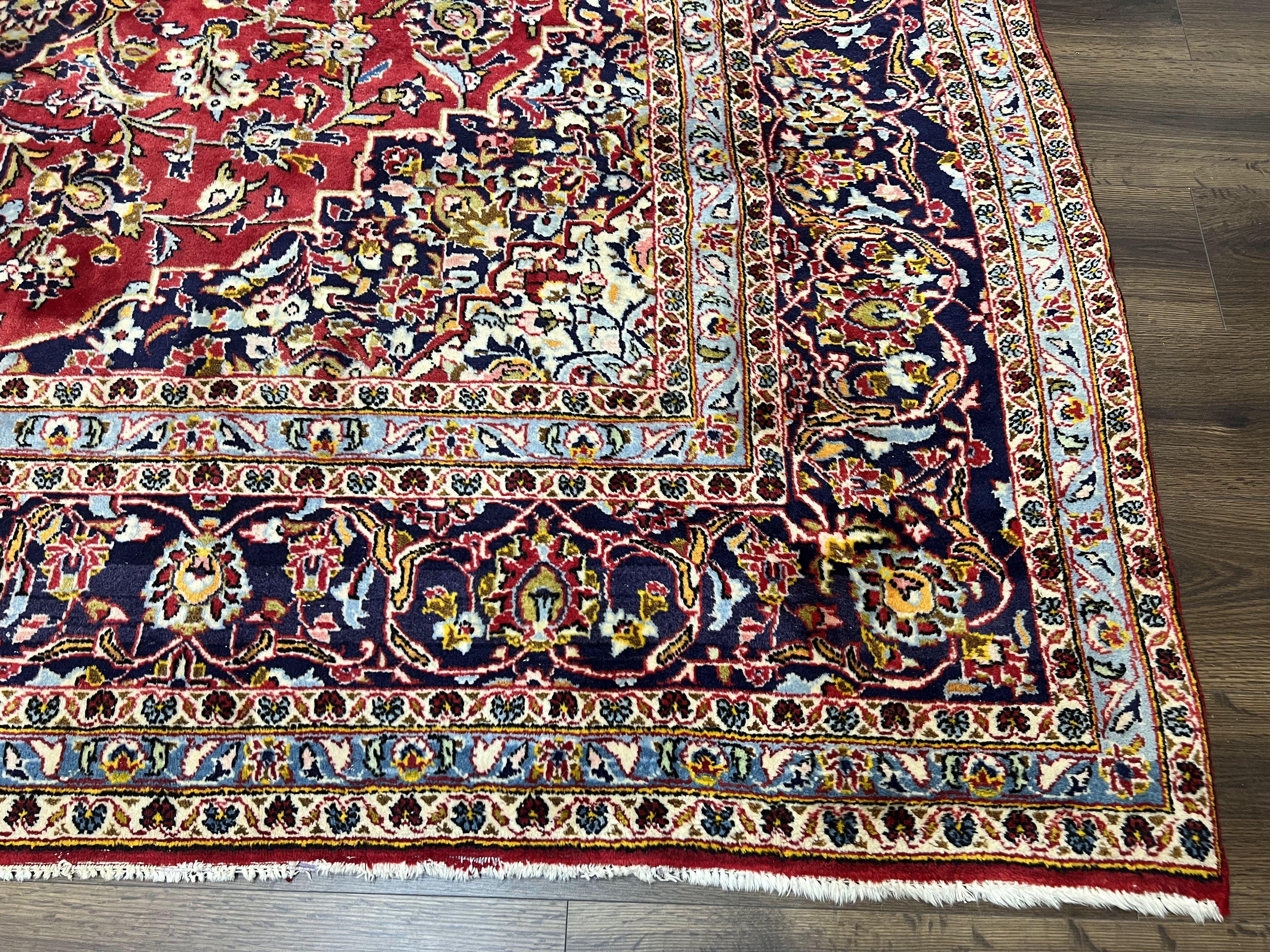 Persian Kashan Rug 9x12, Red Navy Blue, Allover Floral Medallion & Corner Design, Handmade Wool Oriental Carpet, Semi Antique Traditional Carpet - Jewel Rugs