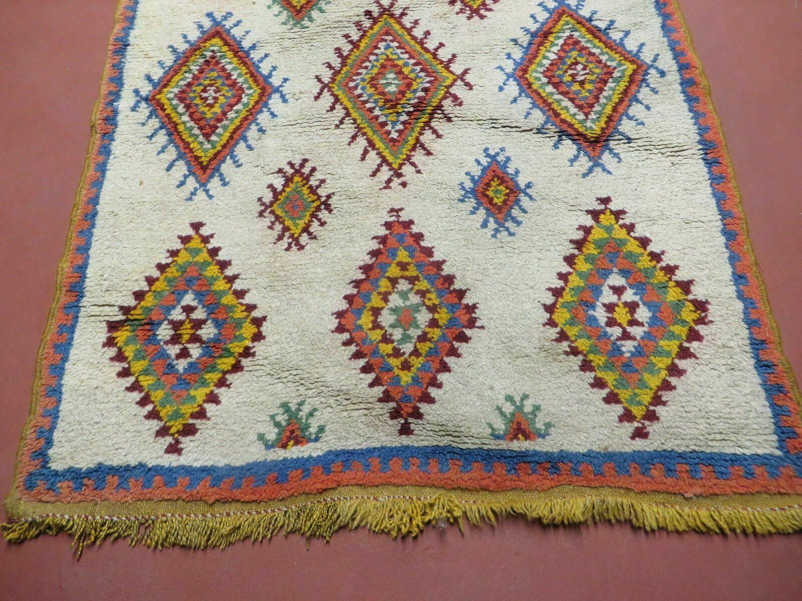 Moroccan Wide Runner Rug 3' 6" x 9', Vintage Azilal Berber Carpet Tribal Runner, Colorful Diamonds Ivory Orange Yellow, Soft Wool Handmade - Jewel Rugs
