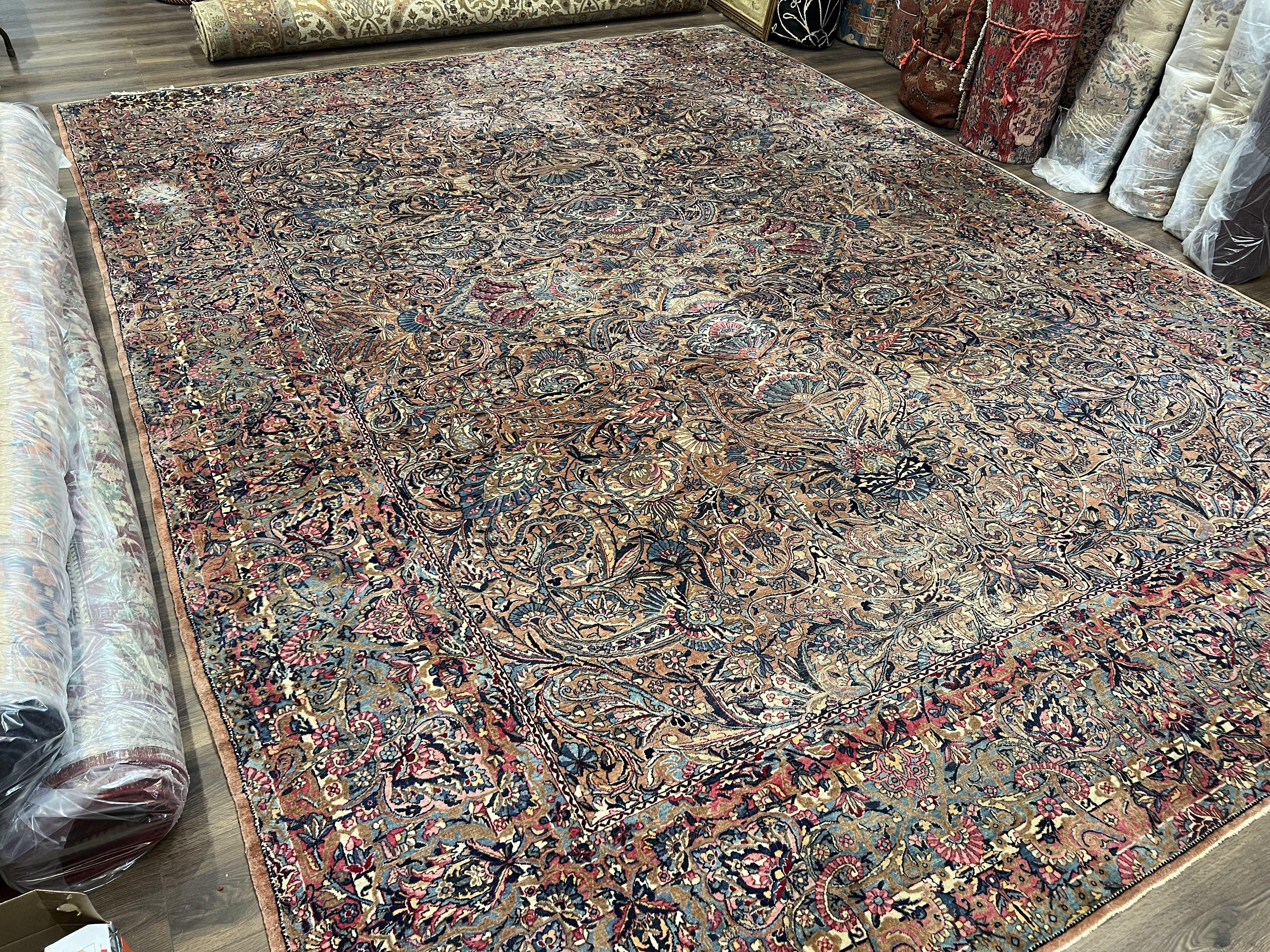 Stunning Persian Kirman Rug 11x15, Hand Knotted Wool Carpet, Large Antique Oriental Red Blue Area Rug 11 x 15 Allover Floral Palace Size Rug - Jewel Rugs