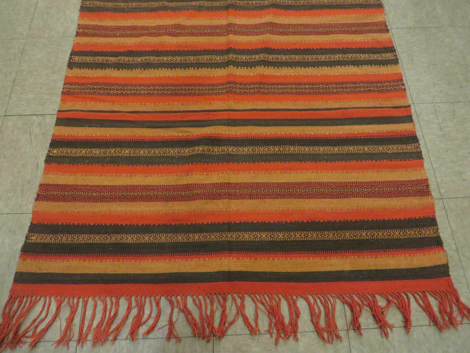 3'X7' Vintage Handmade South American Wool Blanket Kilim Rug Flat Weave Stripes - Jewel Rugs