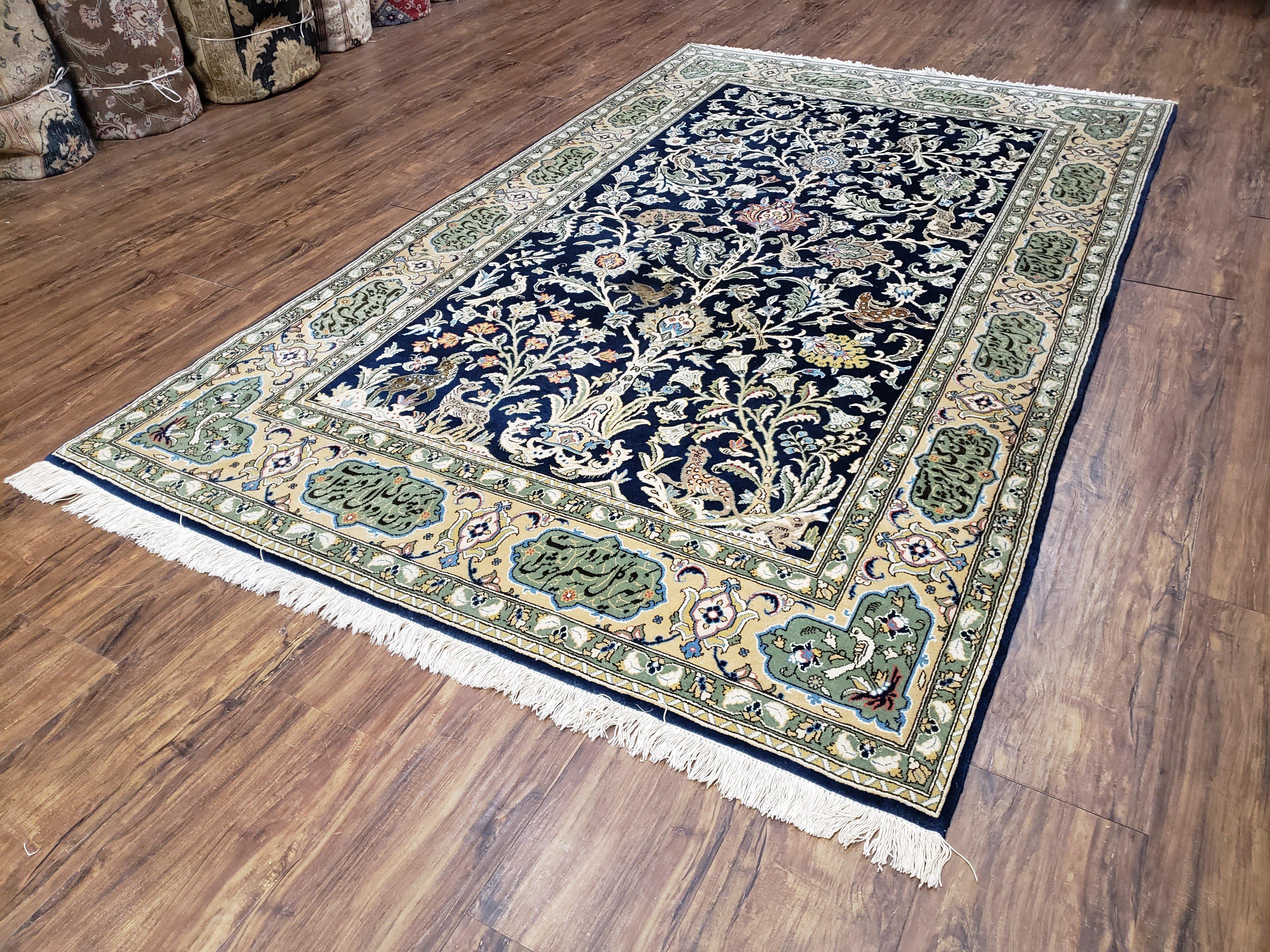 Semi Antique Persian Qum Tree of Life Rug, Hand-Knotted, Wool, Midnight Blue and Tan, Animal Pictorials, Written Poem in Borders, 4' 8" x 7' 8" - Jewel Rugs