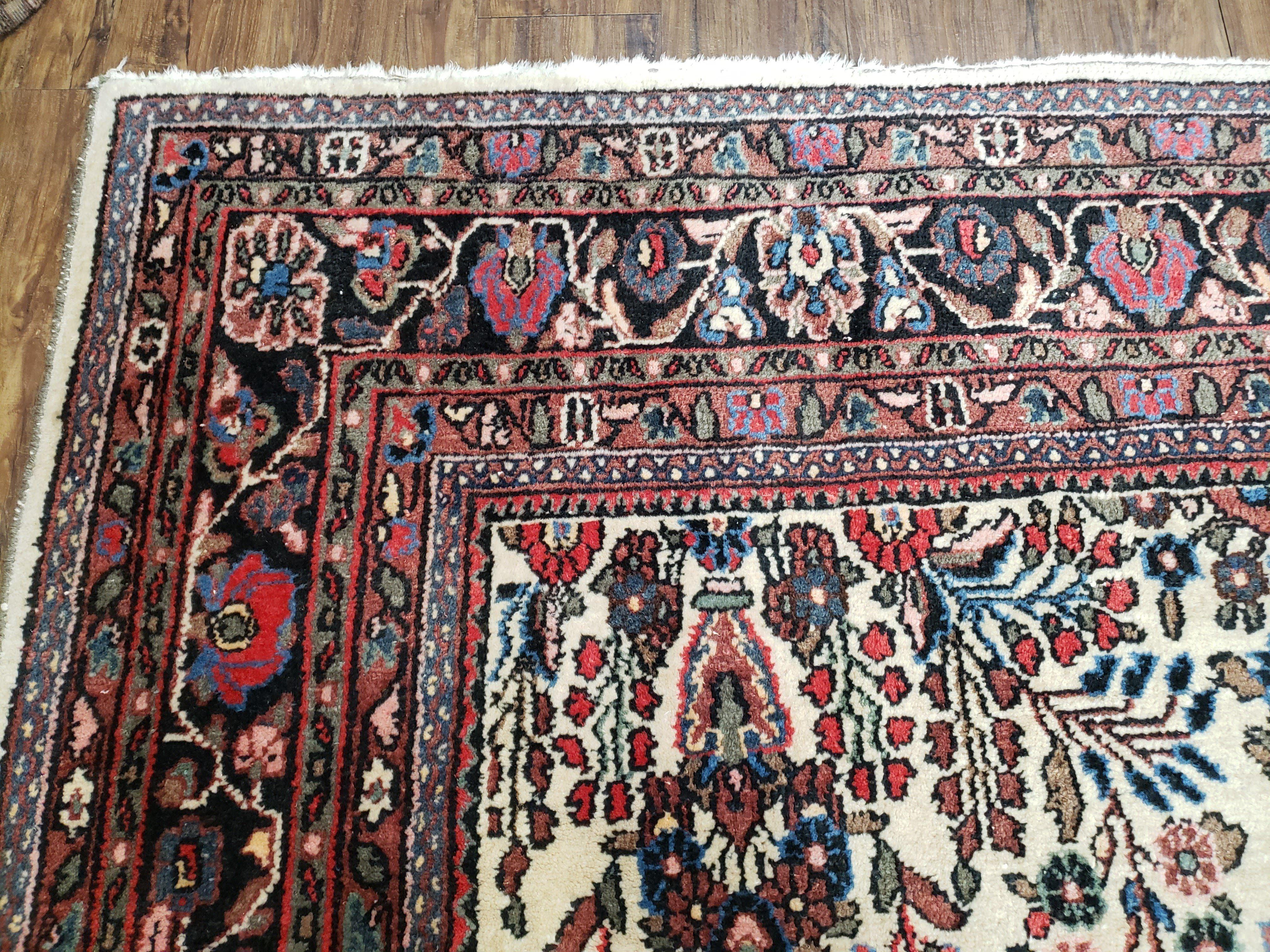 Semi Antique Persian Hamadan Dargazin Rug, Ivory Red Midnight Blue, Hand-Knotted, Wool, Allover Floral, 8'9" x 11' 9" - Jewel Rugs