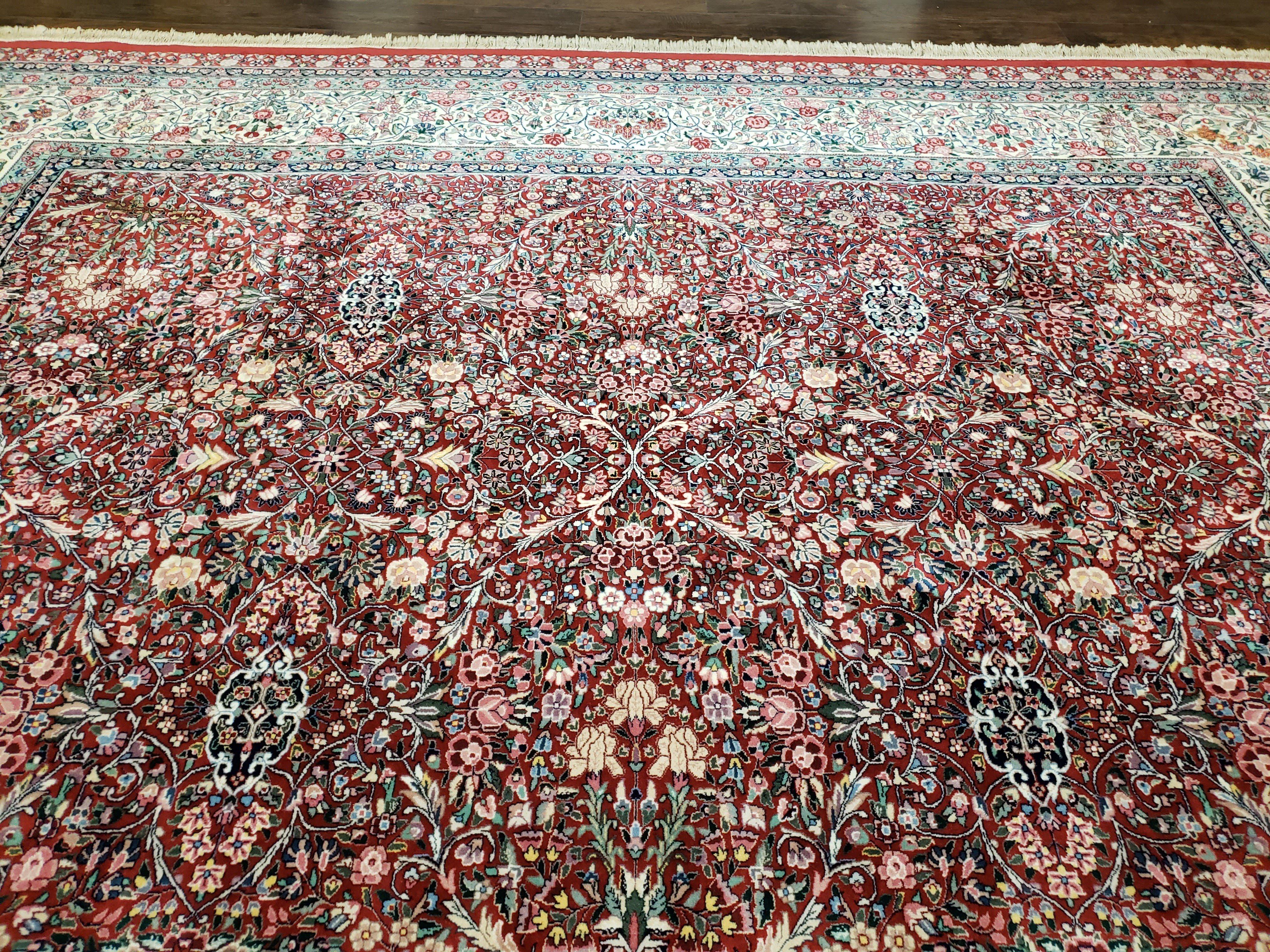 Oversized Pak Persian Rug 11x15, Large Wool Palace Carpet, Red and Ivory, Millefleur Allover Floral Pattern, Vintage Handmade Oriental Rug - Jewel Rugs