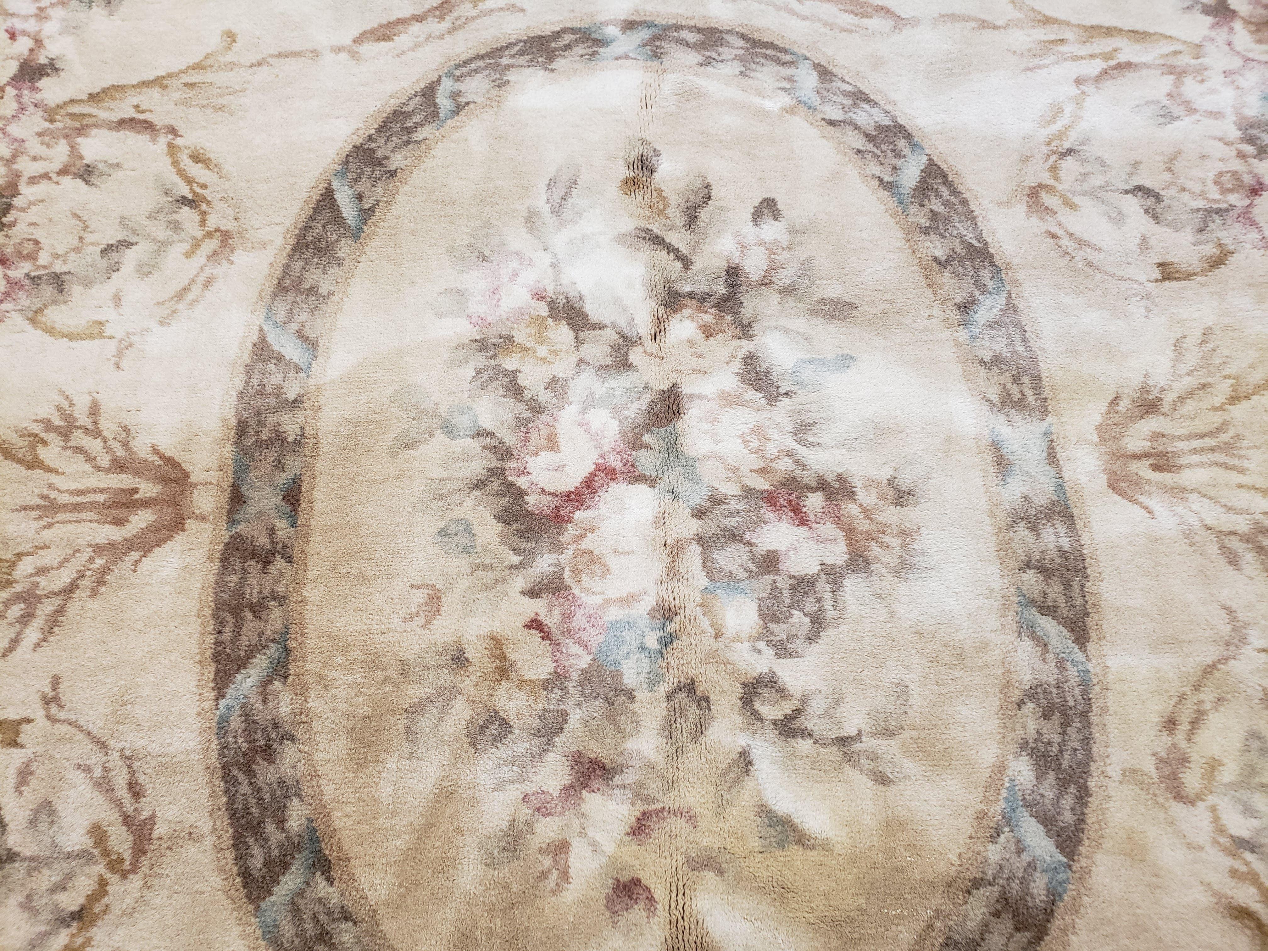 Vintage Chinese Aubusson Savonnerie Room Sized Rug 9.6 x 13.4, Wool Hand-Knotted Beige Carpet, 10x13 10x14 9x13 European Design, Living Room - Jewel Rugs