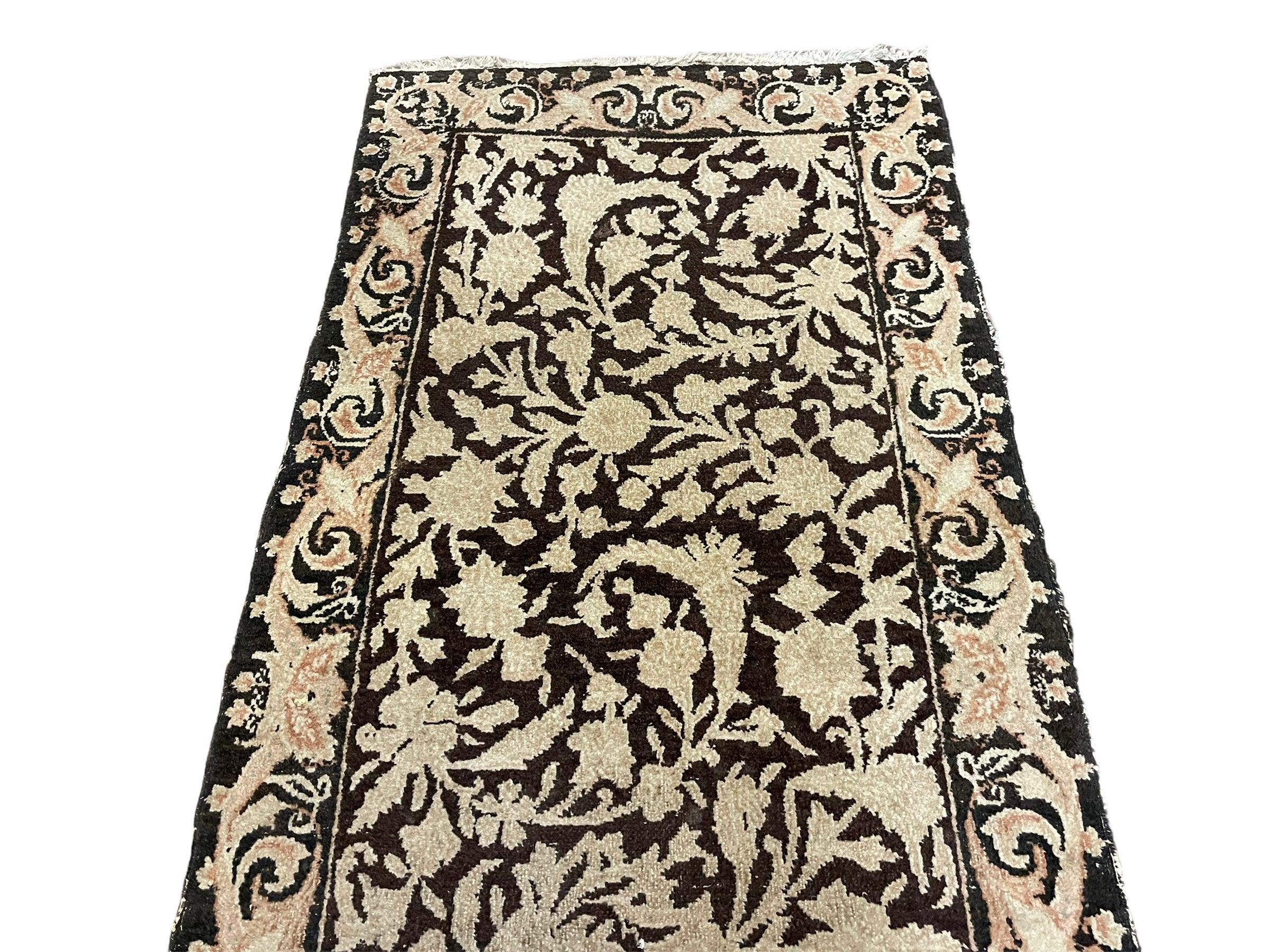 2x4 Tibetan Rug Vintage Rug Nepal Rug Floral Allover Pattern Brown and Tan Rug - Jewel Rugs