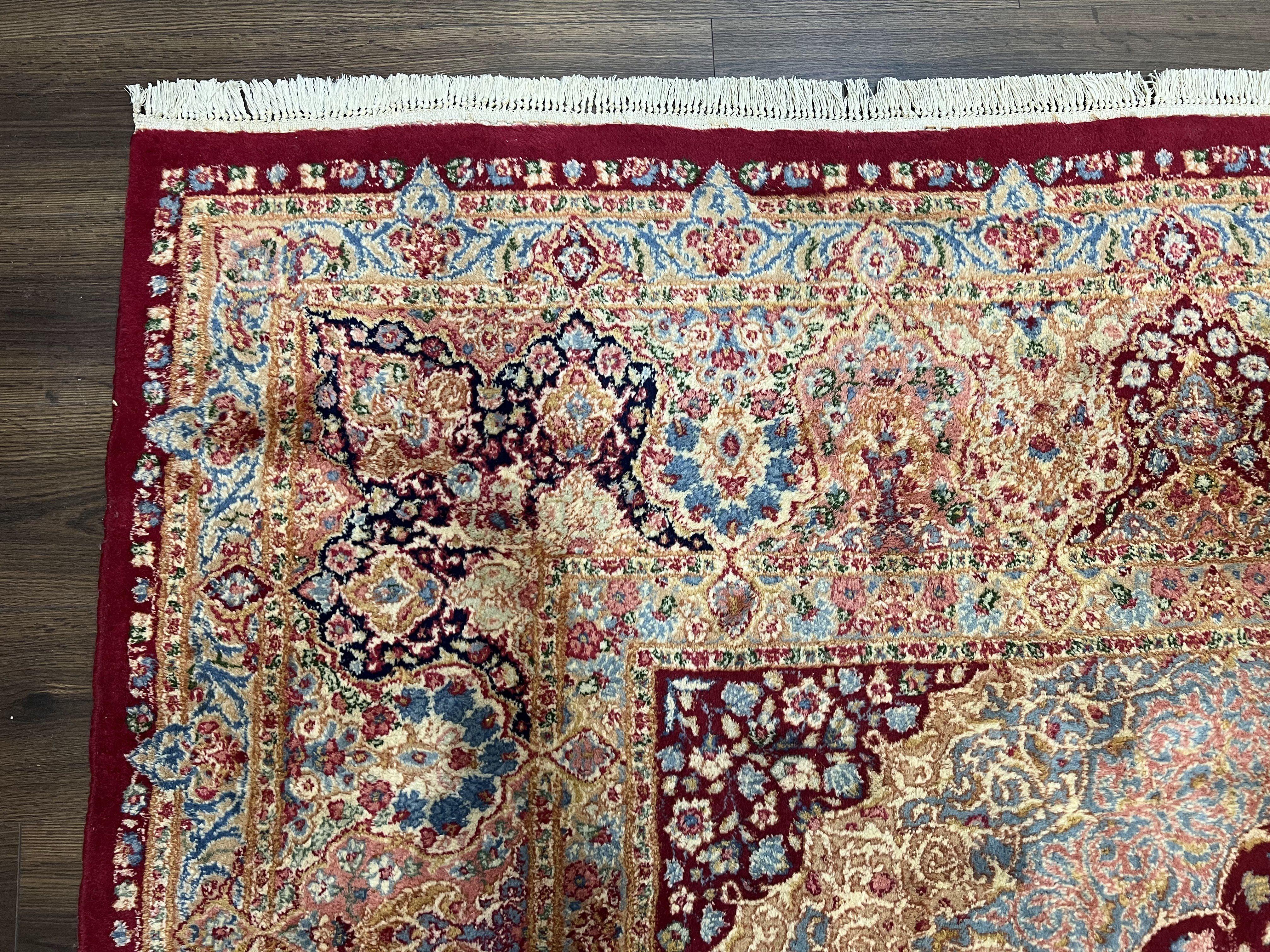 Persian Rug 9x12, Kirman DeLuxe, Millefleur Floral Medallion Carpet, Maroon Light Blue Beige, Semi Antique Authentic Hand Knotted Wool Rug - Jewel Rugs