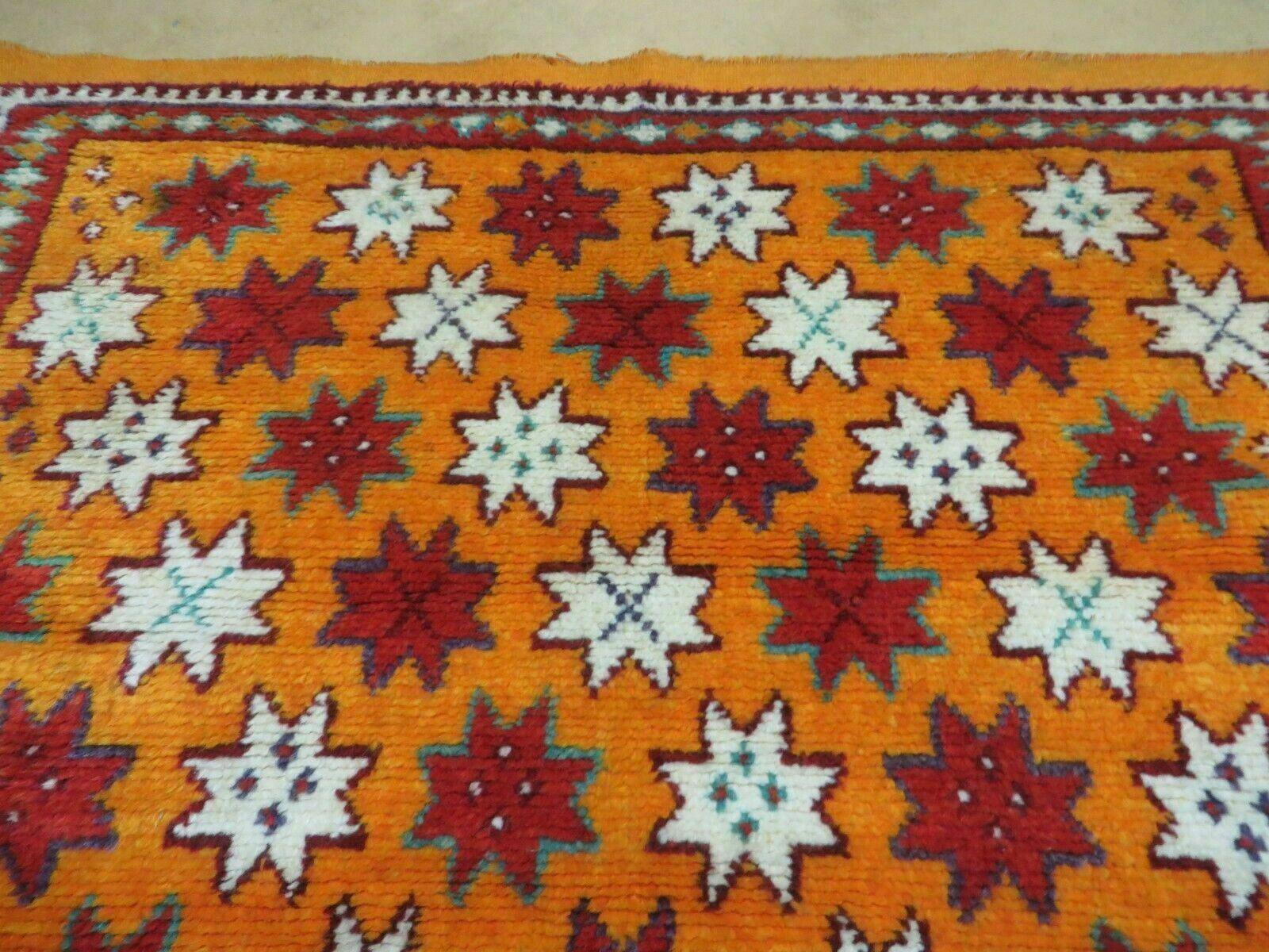 Vintage Moroccan Rug 4x5, Orange Ivory Red, Geometric Stars, Repeated Motif Allover, Hand Knotted Soft Wool Area Rug, Tribal Oriental Carpet - Jewel Rugs