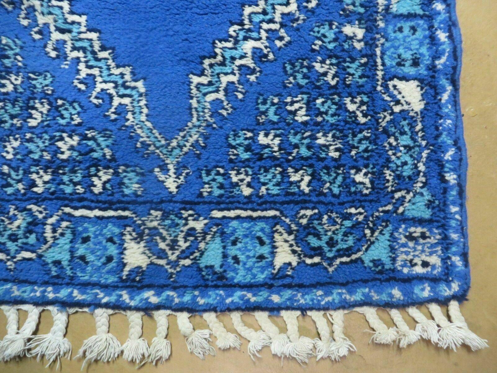 2'6" X 4'6" Vintage Hand-knotted Handmade Moroccan Urban Rabat Blue and Beige Wool Accent Rug - Jewel Rugs