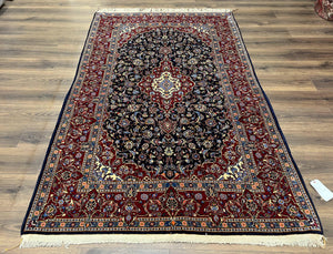 Dark Blue Persian Rug 5x8, Kork Wool Semi Antique Kashan Carpet, Very Fine Lachak Toranj Rug, Hand Knotted Floral Medallion Rug, 5 x 8 Oriental Rug - Jewel Rugs