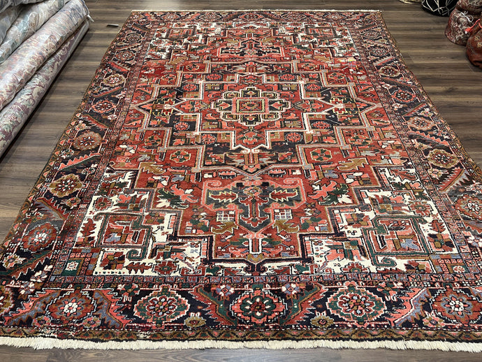 Persian Heriz Rug 8x12, Vintage Geometric Medallion Carpet, Semi Antique Wool Handmade Room Sized Oriental Rug 8 x 12, Red Dark Blue Ivory - Jewel Rugs