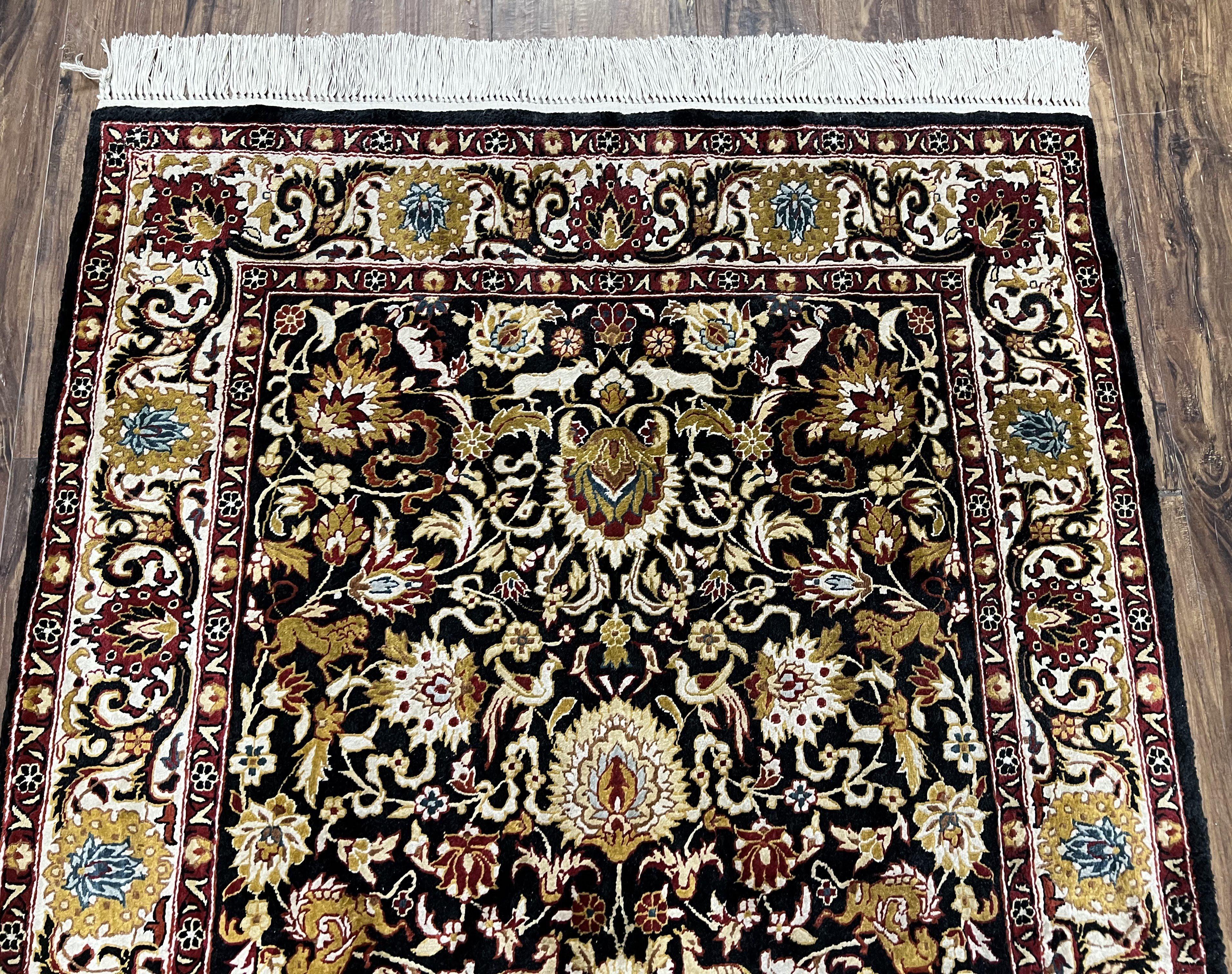 Sino Persian Silk Rug 3x5 Oriental Carpet 3 x 5 Fine Silk Rug, Black Ivory Gold, Animal Motifs, Flowers, High Quality, Vintage Silk Rug Wow - Jewel Rugs