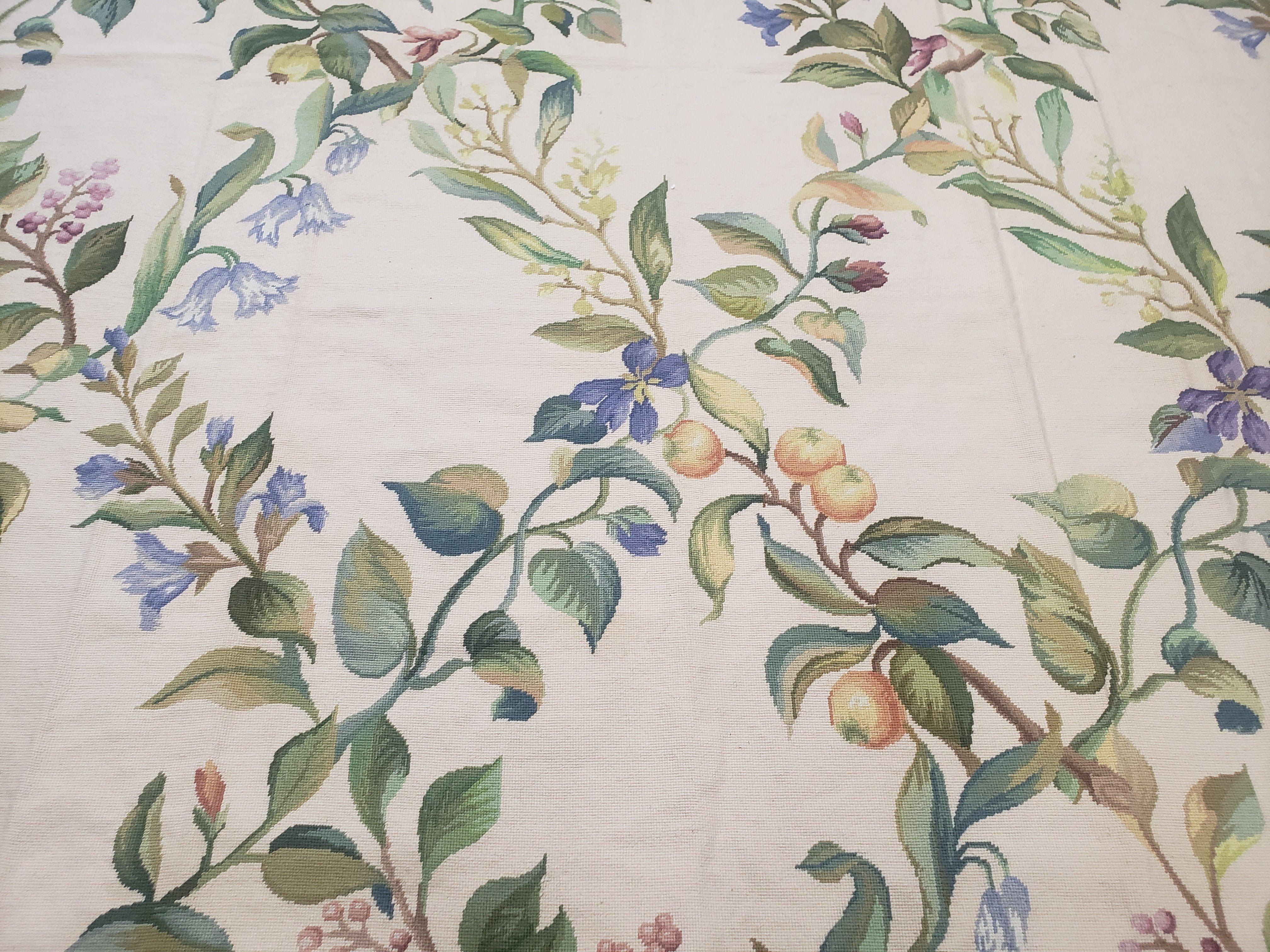 Vintage Chinese Needlepoint Area Rug 8x10, Flatweave Aubusson Carpet 8 x 10, Wool Hand-Knotted Ivory & Green Leaves Floral Aubusson Rug - Jewel Rugs