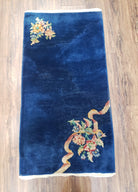 Antique Chinese Art Deco Accent Rug, Blue Art Deco Carpet, Small Chinese Rug, Flowers, Hand Knotted, Pair B, 2x4 Rug, Wool Rug Vintage Asian - Jewel Rugs