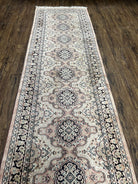 Silk Kashmiri Runner 2.7 x 10 ft Vintage Rug, Ivory Pastel Pink, Hand-Knotted Vintage Runner, Hallway Carpet, Indian Rug Medallion Runner - Jewel Rugs