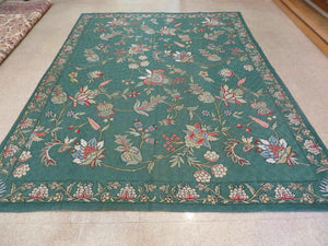 7' X 10' Vintage Handmade Indian Embroidery Hand Stitched Green Rug Wool - Jewel Rugs