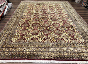 Pak Persian Rug 10x14, Large Vintage Area Rug 10 x 14, Kirman Panel Pakistani Carpet, Wool Hand-Knotted Cream and Maroon Rug Very Fine Weave - Jewel Rugs