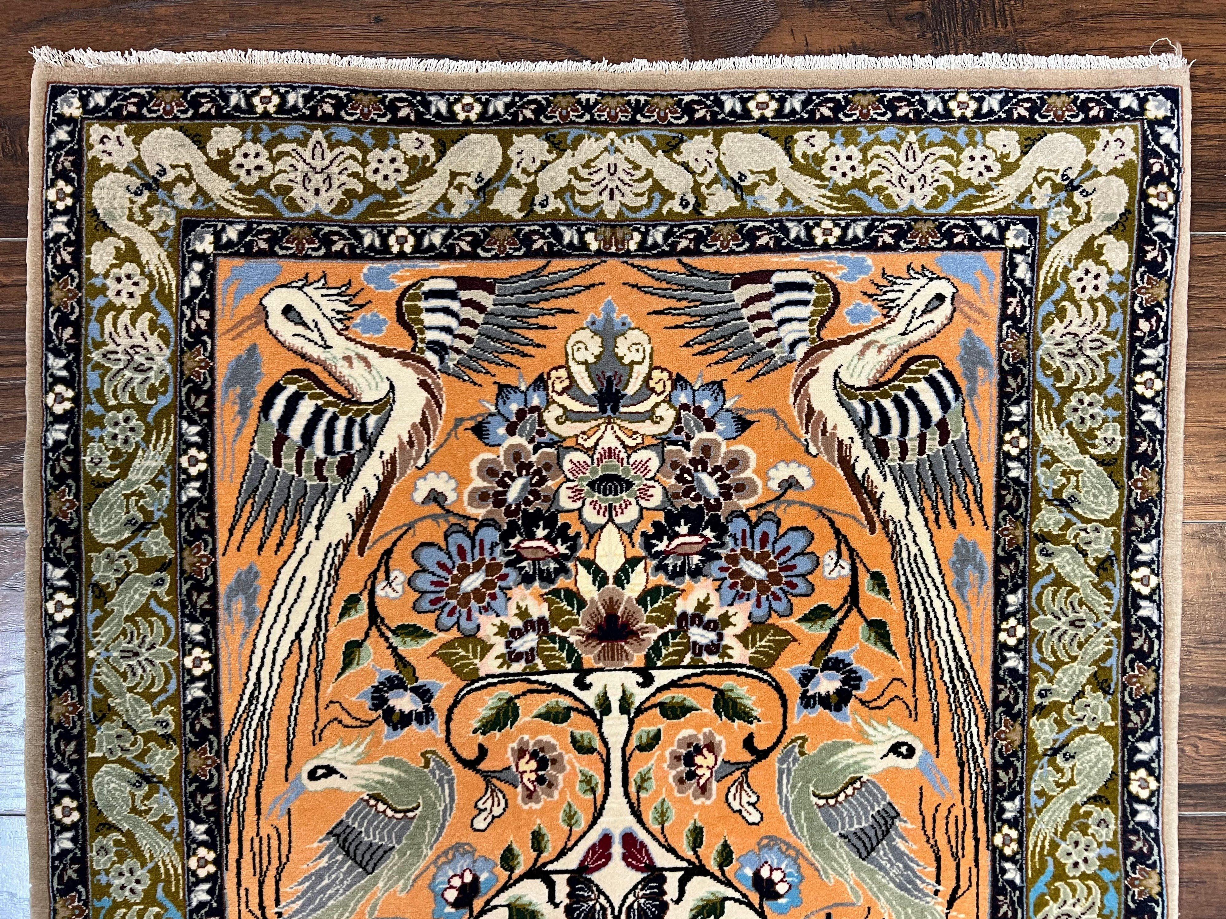Very Fine Small Persian Isfahan Rug 2.6 x 4, Kork Wool on Silk Hand-Knotted Vintage Animal Pictorials Birds Vase, Signature Masterweaver, Orange - Jewel Rugs