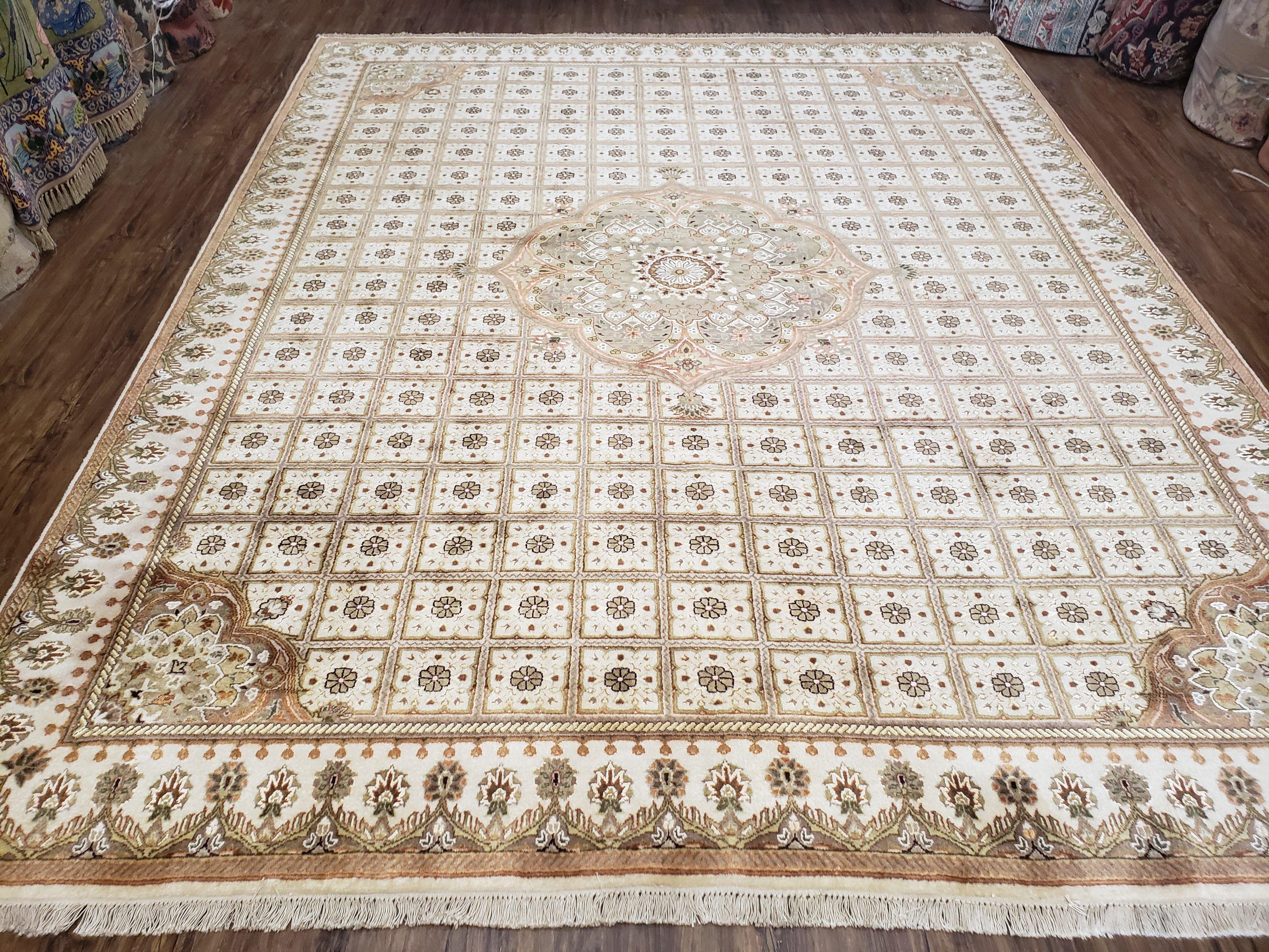 Indo Persian Rug, 8x10 Rug, Indian Rug, Panel Design, Ivory and Gold Tan, Vintage Rug, Handmade Area Rug, Wool Rug, Room Sized Rug, Soft - Jewel Rugs