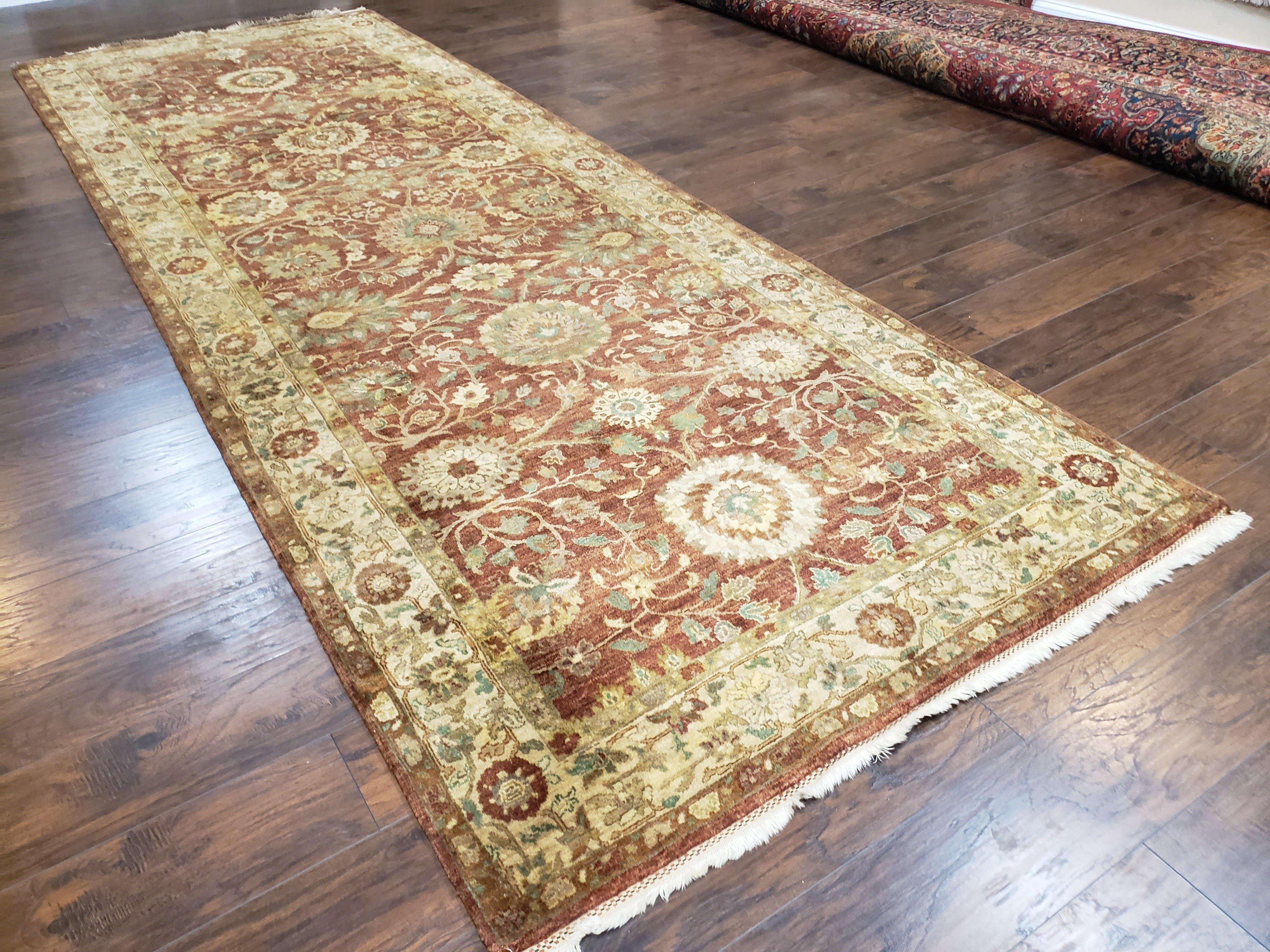 Wide Runner Rug 5 x 14.5, Vintage Indian Mahal Agra Hallway Carpet, Indo Persian Rug, Teawash, Handmade Wool Allover Large Flowers Red Beige - Jewel Rugs