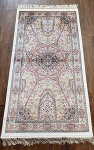 Beige & Cream Small Turkish Silk Rug, Bamboo Silk, Power-Loomed, Persian Design, High Quality, Soft Accent Rug, 3x5 ft, 2' 8" x 4' 11" - Jewel Rugs