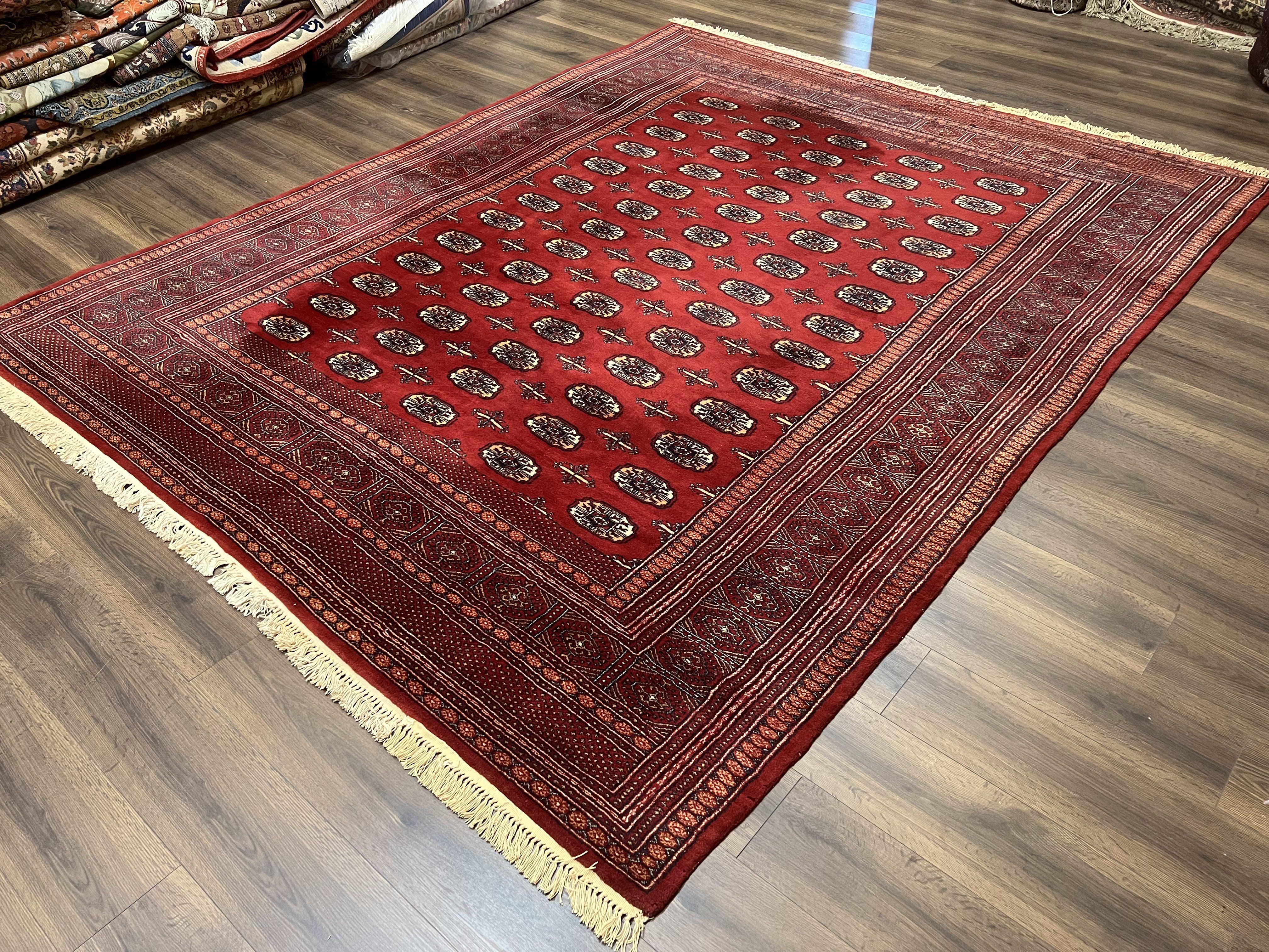 Turkoman Bukhara Rug 8x10, Vintage Bokhara Carpet 8 x 10, Red and