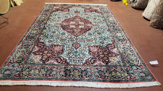 Wonderful Indian Kashmiri Silk Rug 6x10 Fine Silk Oriental Carpet, Handmade Vintage Floral Allover Medallion Rug, Ivory Black Multicolor - Jewel Rugs