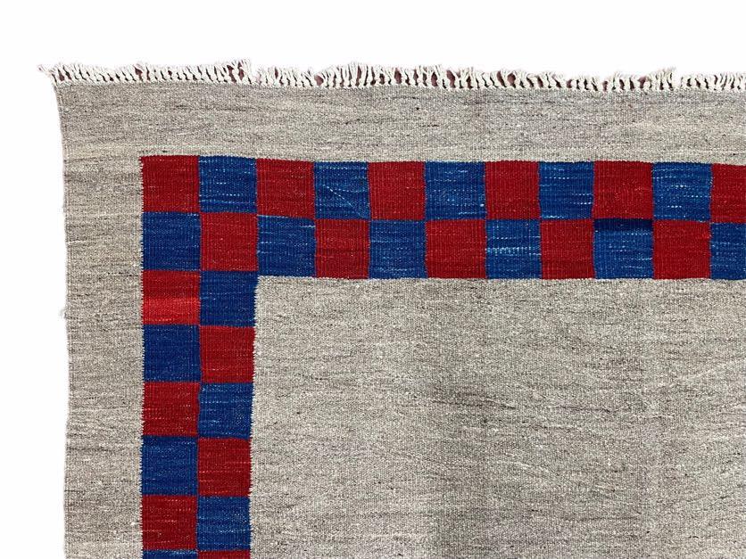 5' 7" x 7' 9" Geometric Kilim Carpet, Gray, Handmade, Hand-Knotted Area Rug, Blue & Red, Flatweave, Wool, New, Checkerboard Pattern - Jewel Rugs