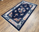 Antique Blue Chinese Peking Rug 3x5, Wool Hand-Knotted Chinese Art Deco Asian Carpet, 3 x 5 Small Entryway Rug, Dark Blue & Beige, Handmade - Jewel Rugs