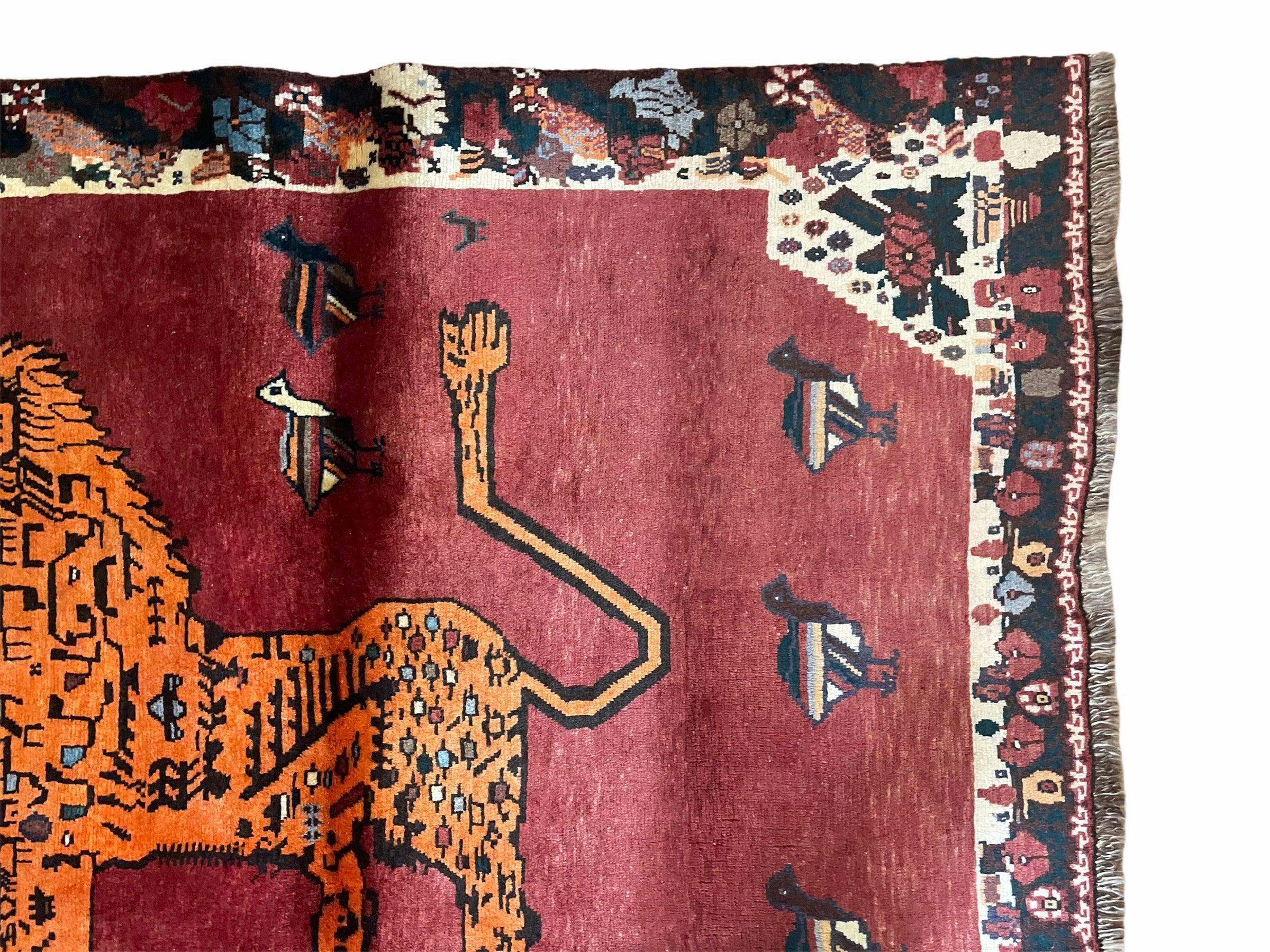 4 x 5 Antique Hand-knotted Lion Birds Handmade Quality Wool Rug Zagros Red Nice - Jewel Rugs