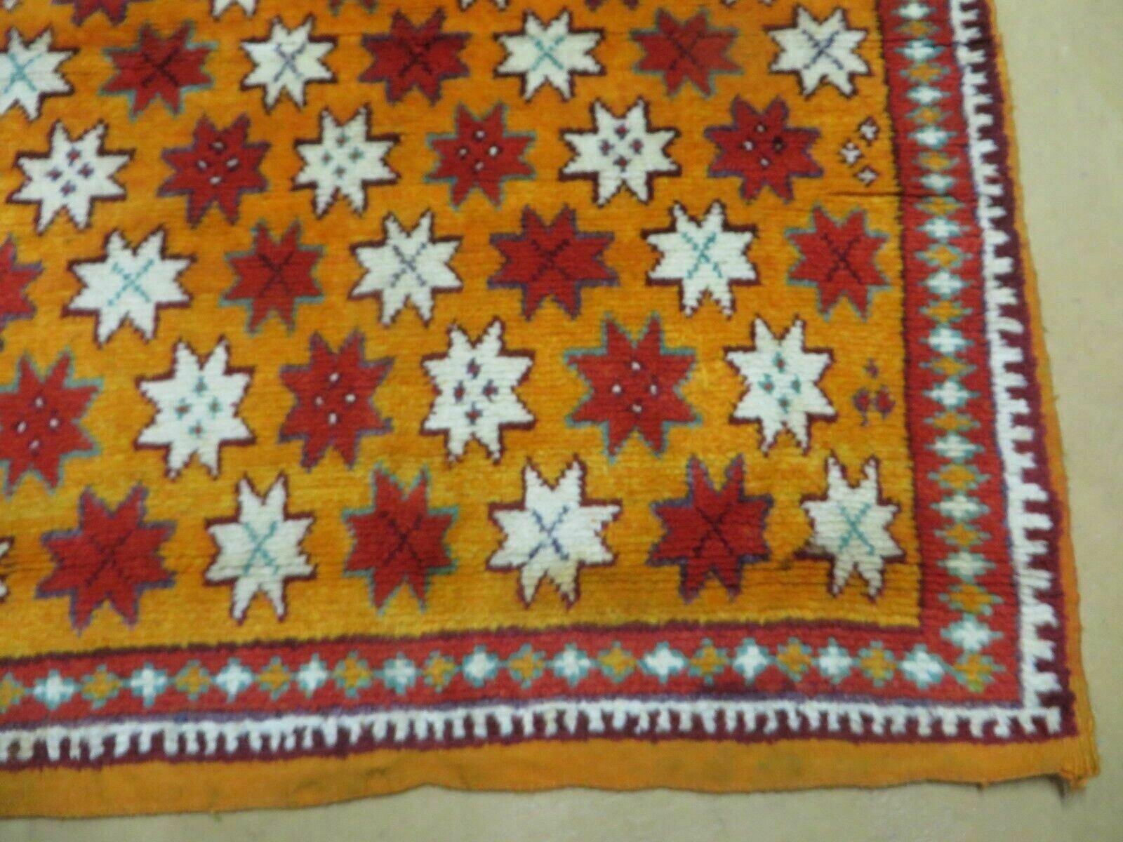 Vintage Moroccan Rug 4x5, Orange Ivory Red, Geometric Stars, Repeated Motif Allover, Hand Knotted Soft Wool Area Rug, Tribal Oriental Carpet - Jewel Rugs