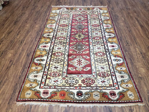 Turkish Caucasian Rug 4x7, Vintage Hand-Knotted Wool Turkish Talish Carpet 4 x 7, Cream, Burnt Orange Carmine Red Area Rug, Bohemian Rug - Jewel Rugs