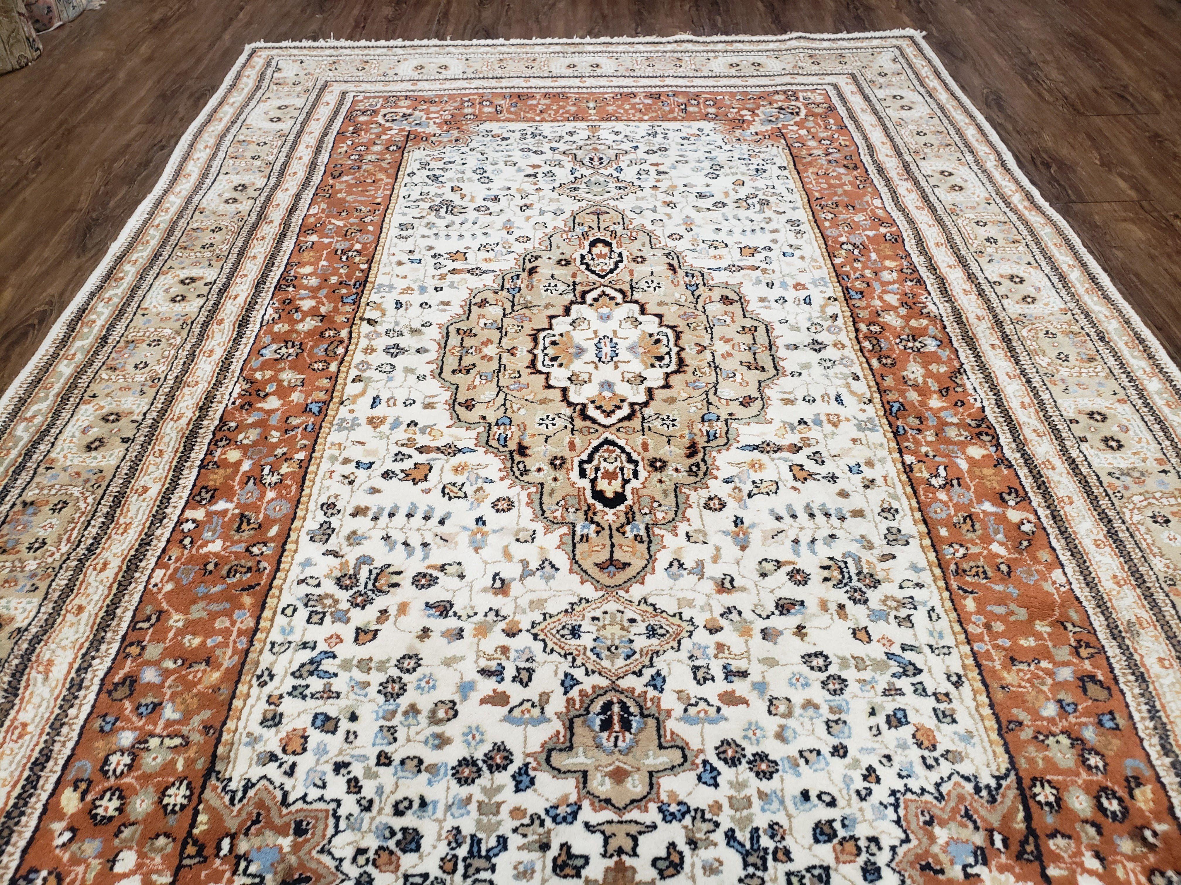6x9 Vintage Indo-Persian Area Rug, Wool Hand-Knotted Carpet, Ivory & Squash Orange, Floral Medallion Tribal Rug, Indian Carpet, Decorative - Jewel Rugs