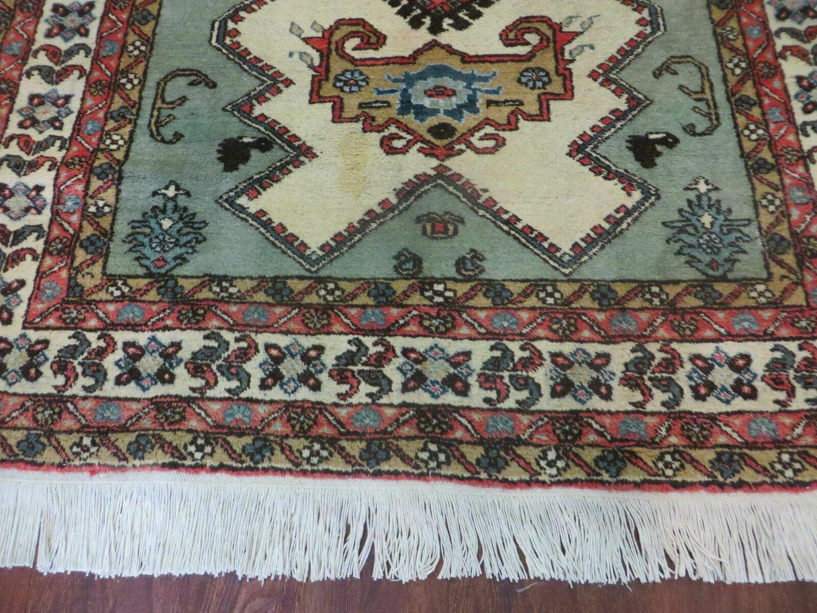 4' X 7' Vintage Handmade Knotted Rug India Caucasian Wool Soft Green Organic - Jewel Rugs