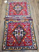 Antique Persian Tribal Qashqai Double Seat Cushions Bag, Red, Hand-Knotted, 2'6" x 4' 10", Nomadic Tribal Collectible Rug, Hand Knotted, Wool - Jewel Rugs