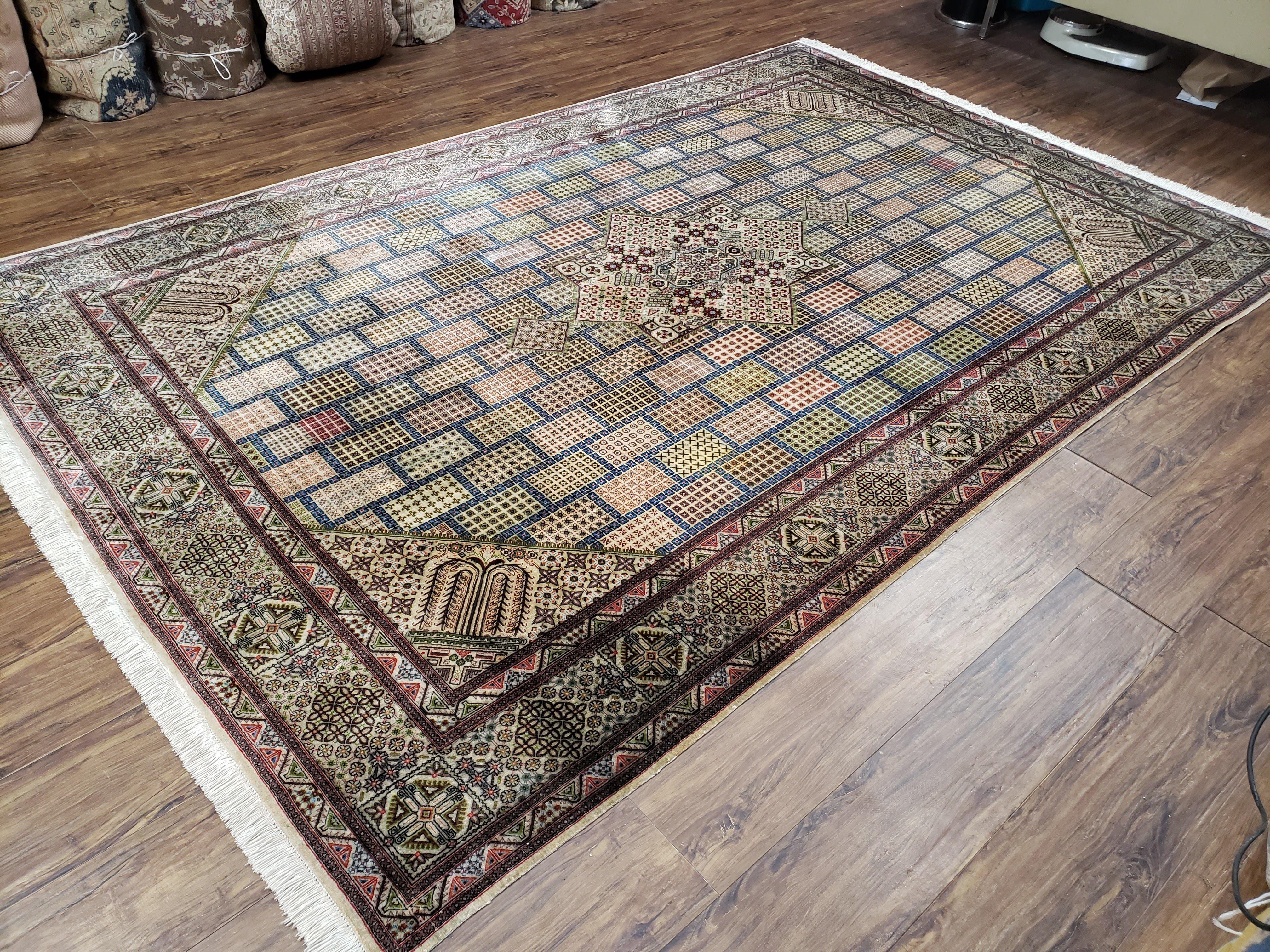 Sino Persian Silk Rug 6.4 x 9.9, Very Fine Hand Knotted Carpet, Panel Design Multicolor, Silk Pile on Silk Foundation, Handmade Vintage - Jewel Rugs