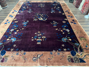 Antique Chinese Peking Rug 10x15, Purple and Tan Art Deco Carpet, Large Asian Oriental Wool Chinese Fete Hand Knotted Early 20th Century Rug - Jewel Rugs