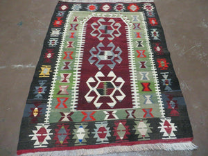 3' 8" X 5' Vintage Turkish Kilim Handmade Flat Weave Wool Rug Veg Dyes - Jewel Rugs