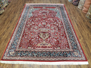 Vintage Persian Oriental Rug, Very Fine Hand-Knotted Vases and Flowers Carpet, Hand-Knotted, Wool, Red & Dark Blue, Teal, Writing, 6x9 Rug - Jewel Rugs