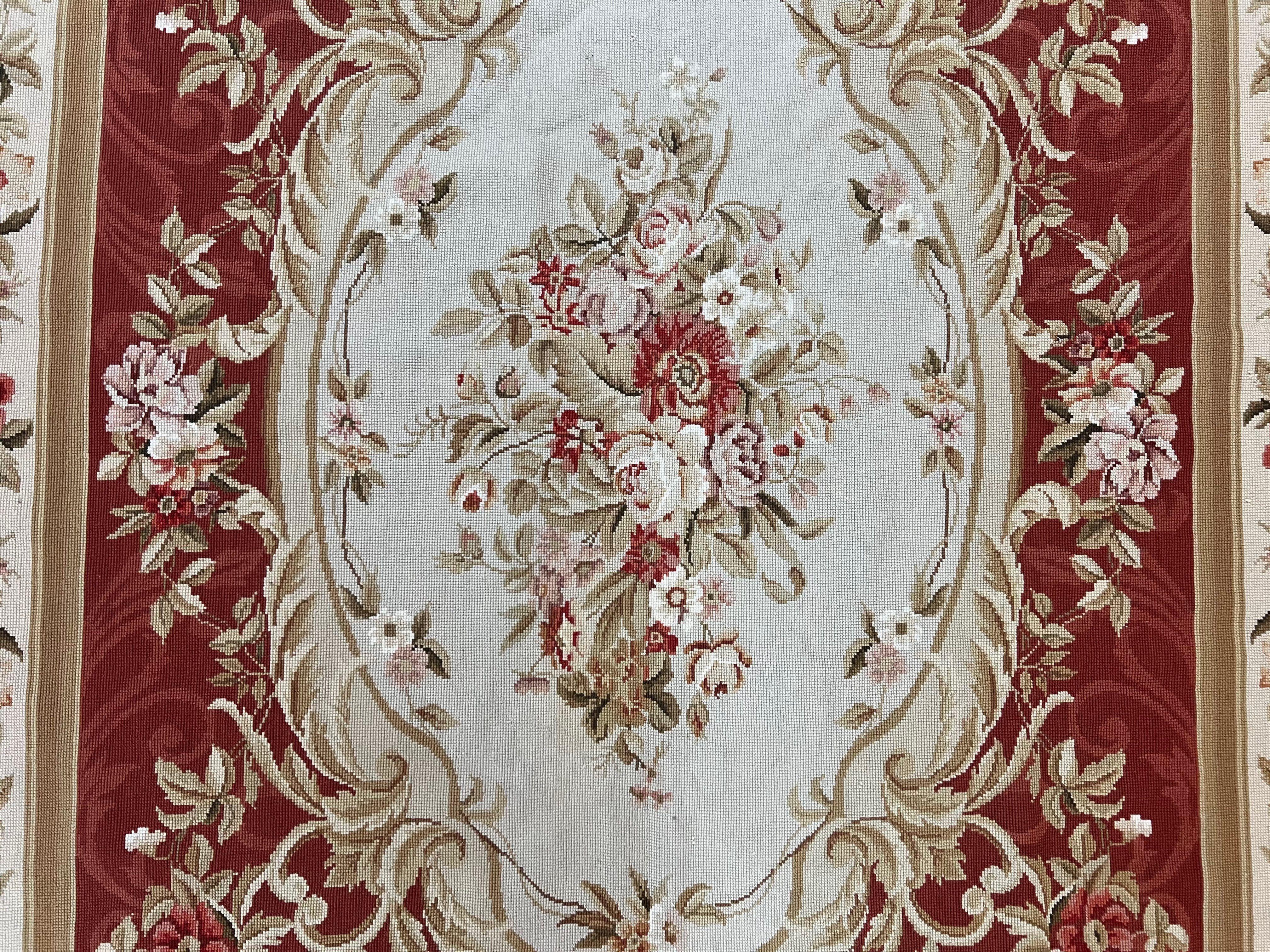 Aubusson Needlepoint Rug 5x8, Red Ivory Tan, Vintage Needlepoint Carpet 5 x 8 ft, Handmade Hand woven Wool, French European, Medium Size Rug - Jewel Rugs