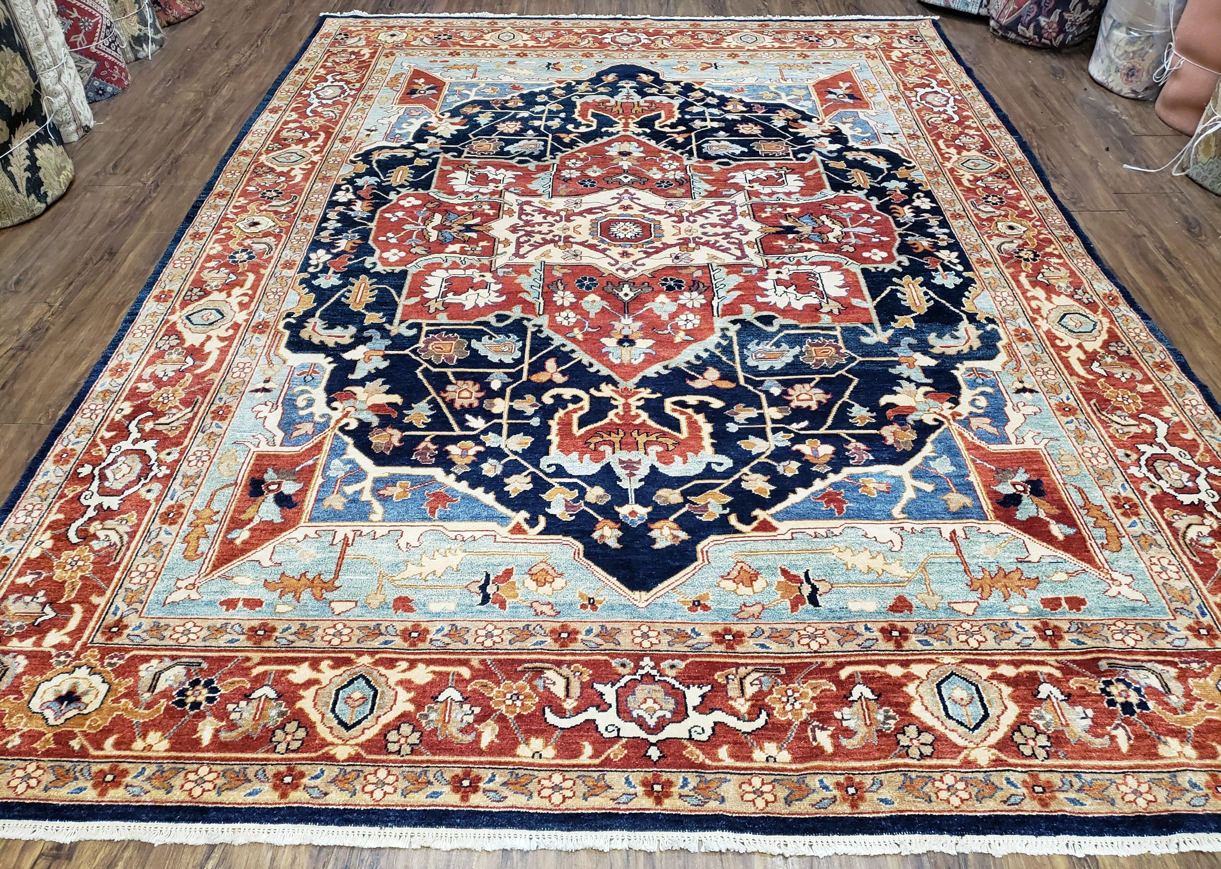 Safavieh Samarkand Heriz Rug 8x9 ft, Colorful Serapi Room Sized Hand-Knotted Wool Carpet, Tribal Rug, Vintage Oriental Rug, Navy Blue & Red - Jewel Rugs