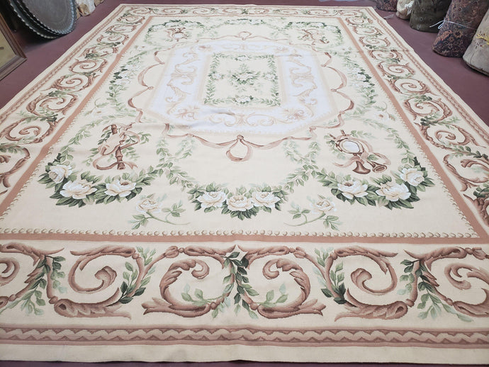 Elegant Aubusson Rug 10 x 14, Cream and Ivory Simple Aubusson Floral Carpet, Hand-Woven, European, New Aubusson Rug, Wool Area Rug, Violins - Jewel Rugs