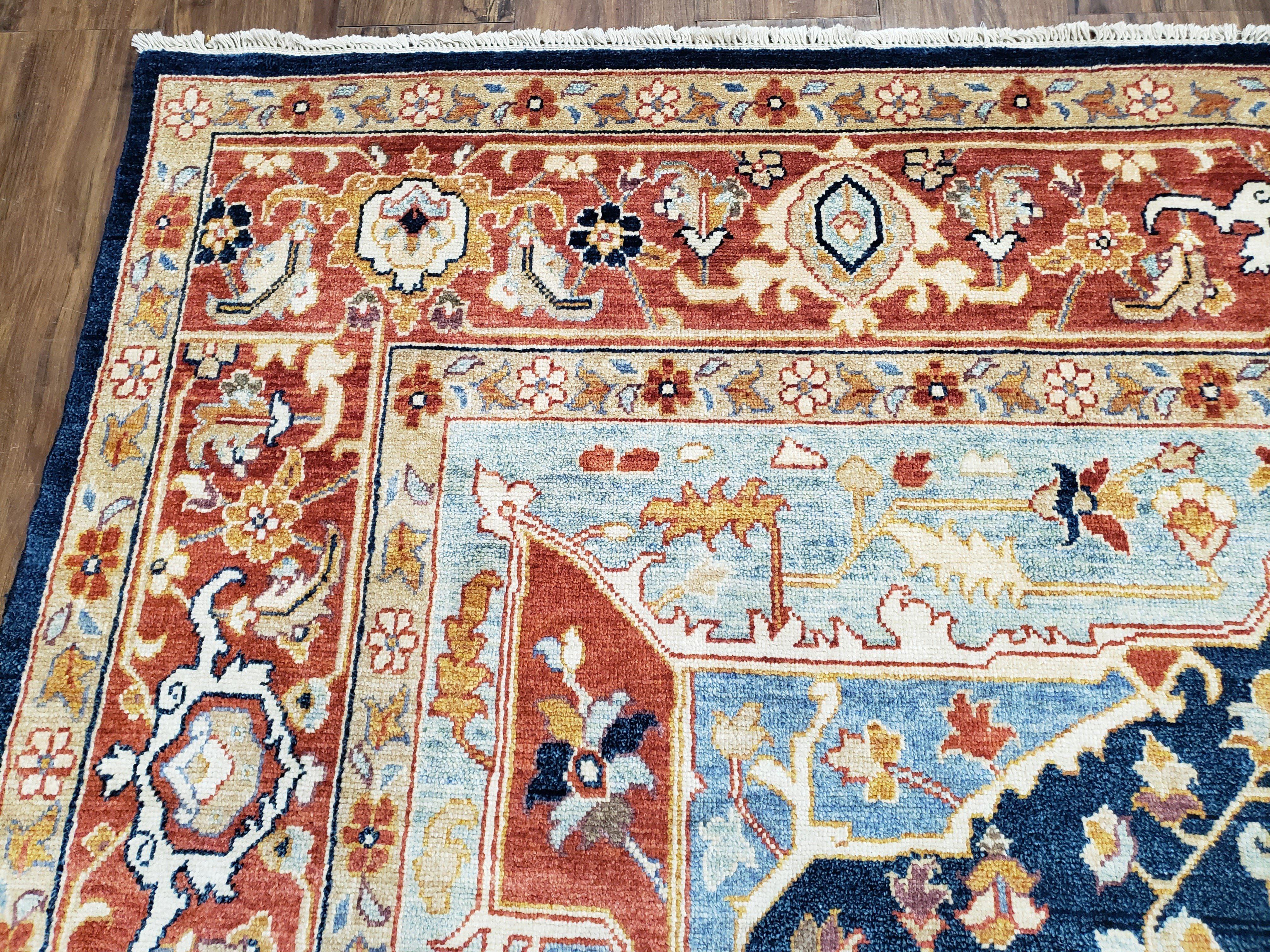 Safavieh Samarkand Heriz Rug 8x9 ft, Colorful Serapi Room Sized Hand-Knotted Wool Carpet, Tribal Rug, Vintage Oriental Rug, Navy Blue & Red - Jewel Rugs