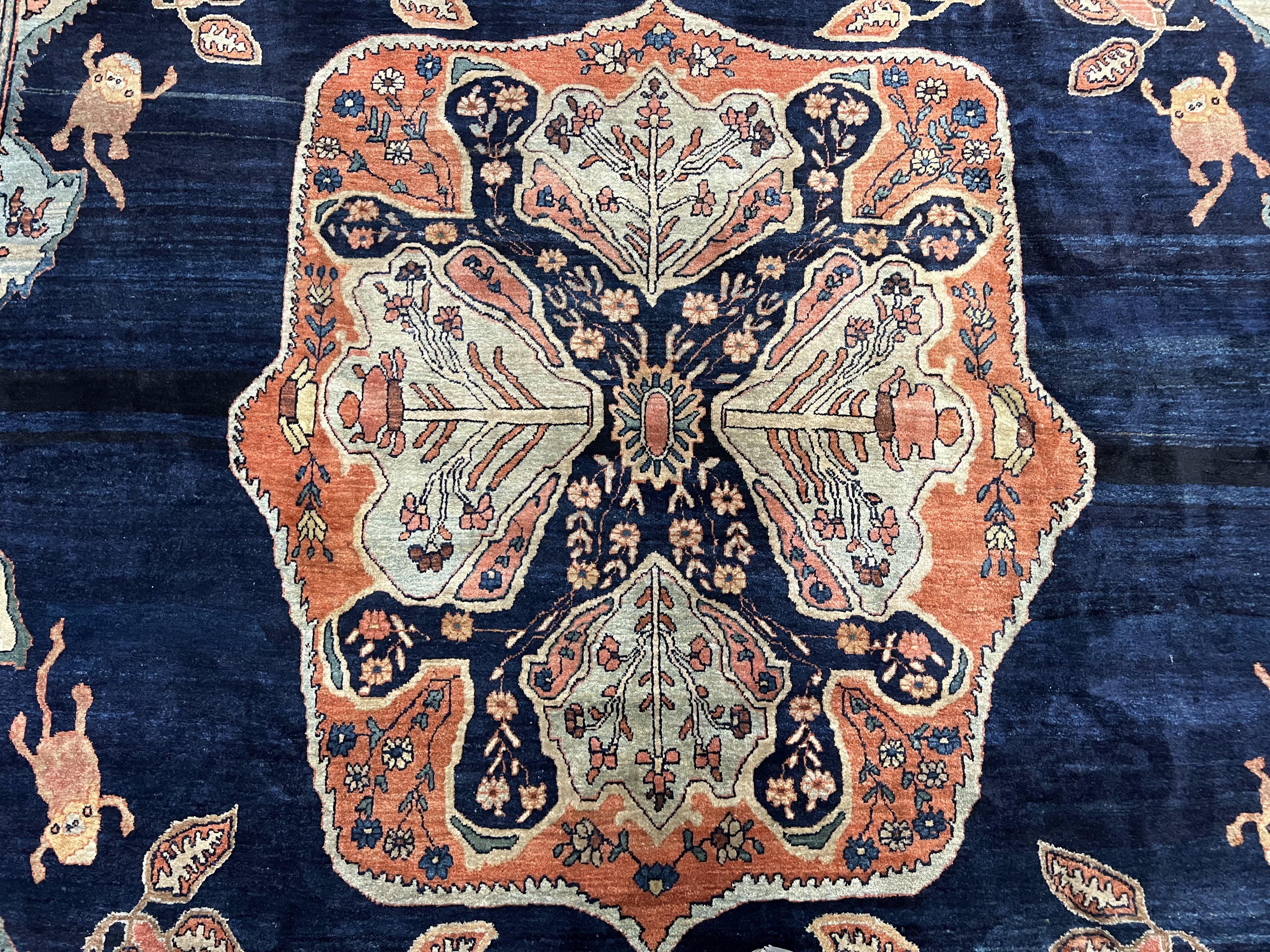 Marvelous and Rare Persian Farahan Rug 9x12, Antique 1920s Persian Carpet, Navy Blue Semi Open Field, Signature from Master Weaver Taftanchian, Animals Bees Monkeys - Jewel Rugs