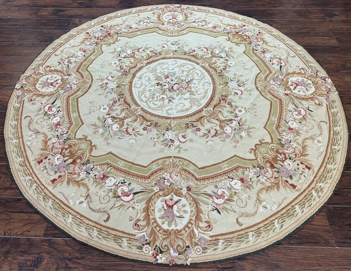 Round Needlepoint Rug 7x7 ft, Aubusson Savonnerie Round Carpet, Large Round Needlepoint, Elegant, Beige and Cream, Floral, Wool Handmade Rug - Jewel Rugs