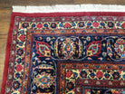 1950s Persian Mashad Rug 8' 3" x 11' 7", Room Sized Persian Carpet, Semi Antique, Medallion with Floral Allover Pattern, Red and Navy Blue Signature Master Weaver - Jewel Rugs