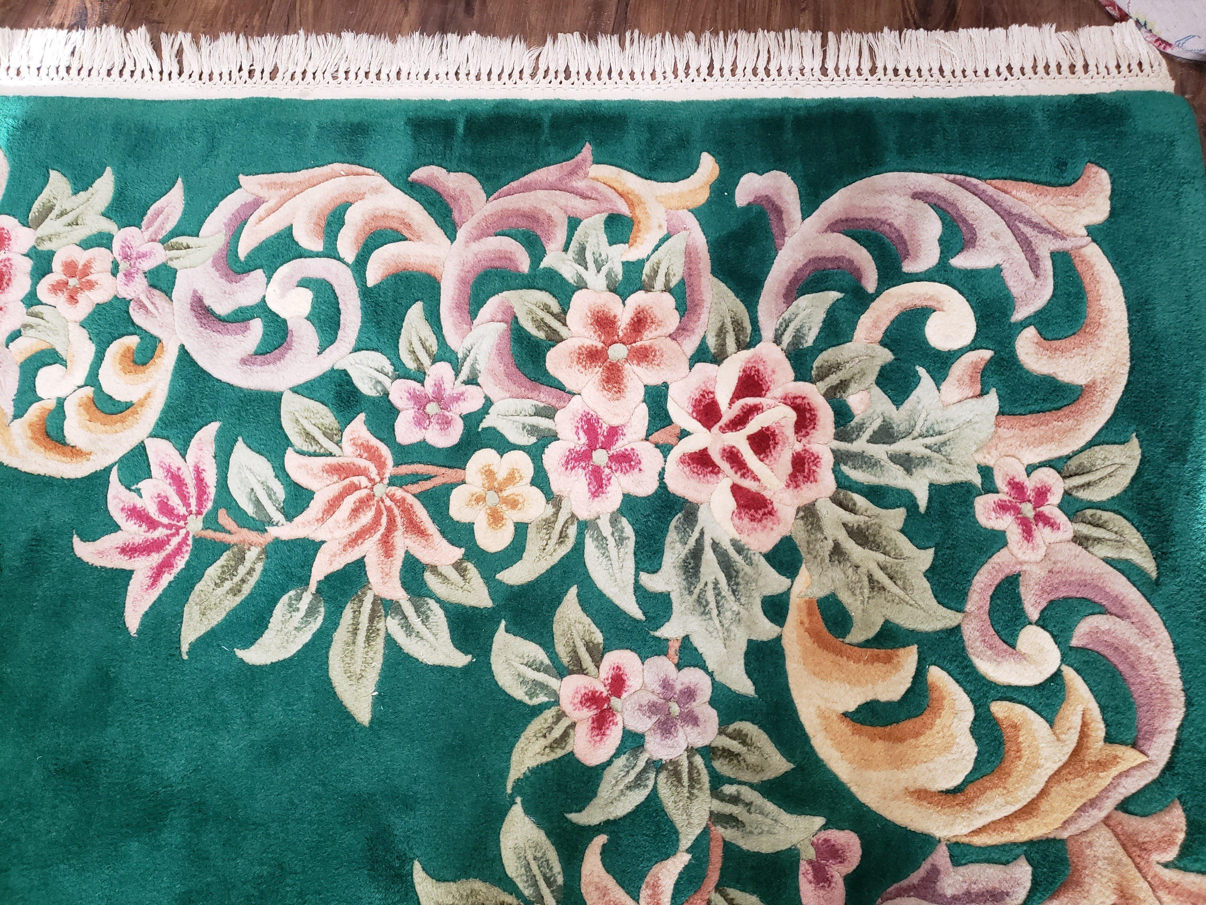 Green Chinese Aubusson Rug, Floral Design, Pile Rug, Room Sized Rug 9x12, Dining Room Living Room Bedroom Rug, European Design, Hand Tufted - Jewel Rugs